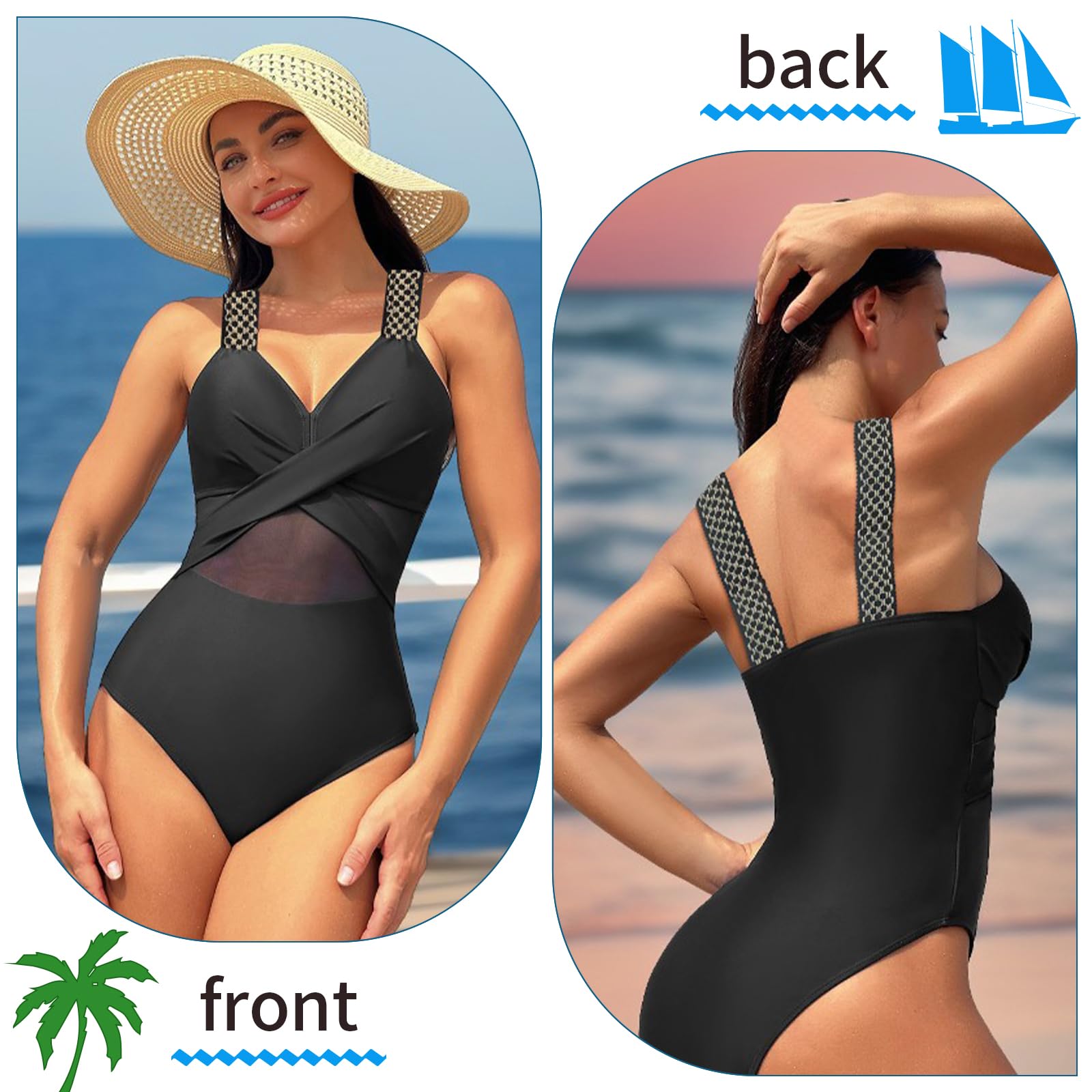 SINBRLAI Women's One Piece Swimsuits - Tummy Control V Neck Monokini with Lace Cutout for Beach, Pool & Summer Vacations