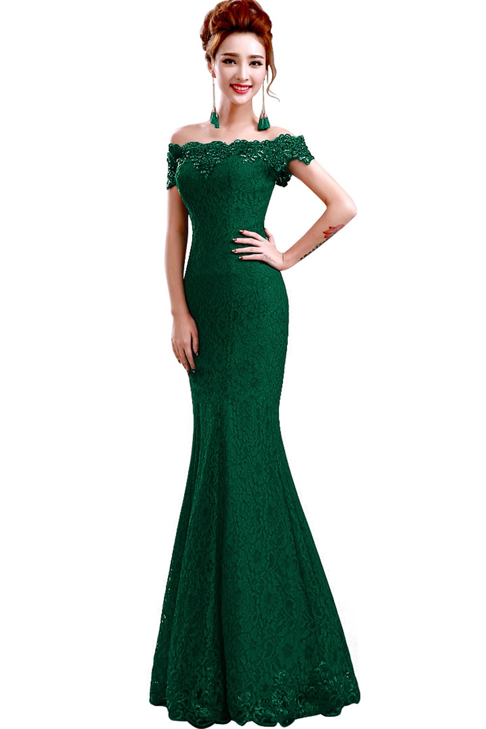 Babyonline® Off Shoulder Lace Red Mermaid Evening Gown - Formal Bridesmaid Dress for Weddings, Prom, Cocktail Parties & Special Occasions