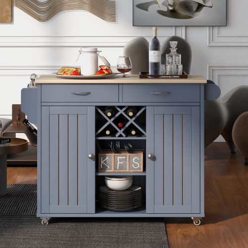 Premium Mobile Kitchen Island Cart with 2 Storage Cabinets, 4 Locking Wheels, Wine Rack & Spice Organizer - Dusty Blue | Perfect for Small Kitchens, Entertaining & Extra Counter Space