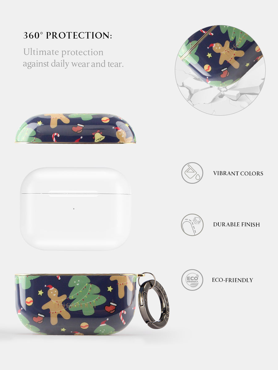Christmas Gingerbread Man & Tree Pattern AirPods Case - Navy Blue Protective Cover for AirPods 1/2/3, Perfect Holiday Gift & Winter Accessory