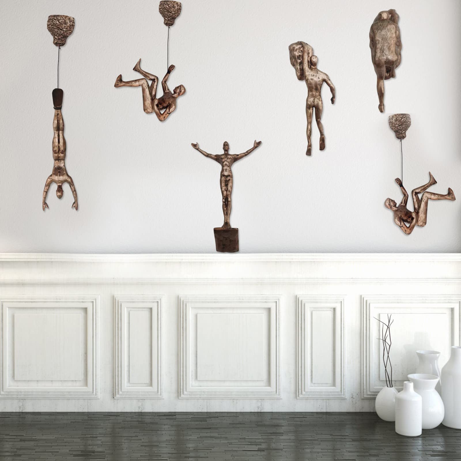 Modern African Art Sculpture - Set of 6 Bronze Climbing Man Wall Decor for Living Room, Bedroom & Office | Unique 3D Wall Mural Artwork for Home & Commercial Spaces