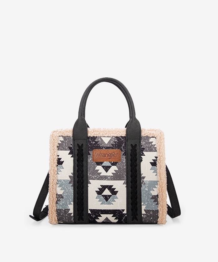 Wrangler Aztec Sherpa Trim Crossbody Purse Set for Women - Stylish Boho Shoulder Bag with Fringe Detail - Perfect for Casual Outings, Music Festivals & Travel Accessories