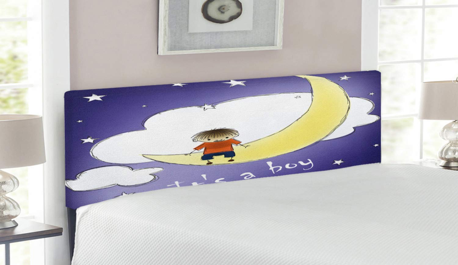 Ambesonne Gender Reveal Headboard - Upholstered Decorative Metal Bed Frame with Memory Foam, Queen Size in Indigo Yellow White | Boy Sitting on Moon Cloud Sky Childhood Theme | Perfect for Nursery, Kids Room & Baby Shower Decor
