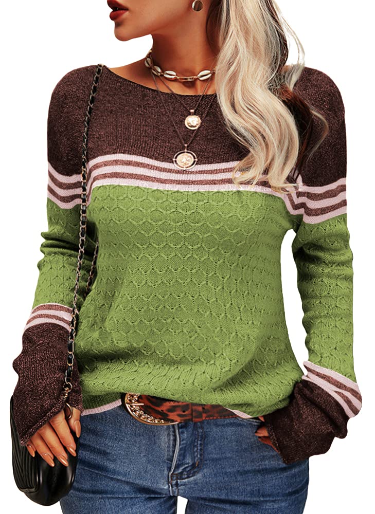Danedvi Women's Colorblock Striped Pullover Sweater - Slim Fit Round Neck Knit Top for Autumn & Winter | Casual Office Wear & Weekend Outfits