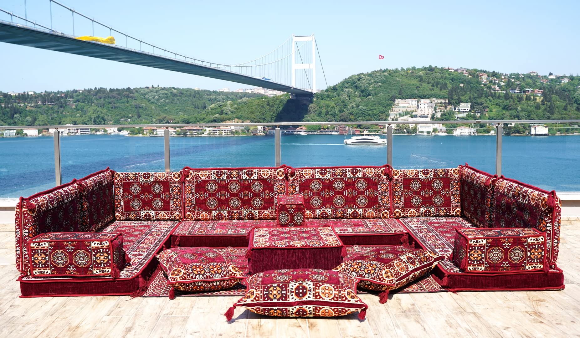 U-Shaped Arabic Sofa Set - Maroon Floor Cushions for Majlis & Home Decor