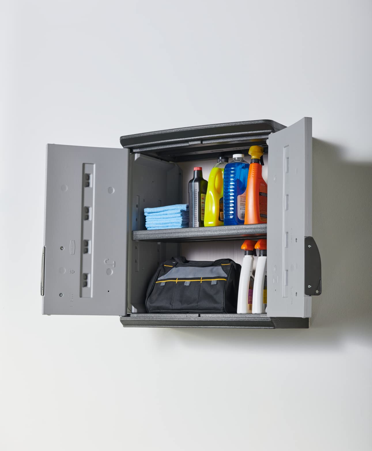 Rubbermaid Heavy Duty Wall Mounted Storage Cabinet - 150 lb Capacity, Lockable Gray 3-Shelf Organizer for Tools, Car Accessories & Cleaning Supplies | Perfect for Garage, Home & Outdoor Storage Organization