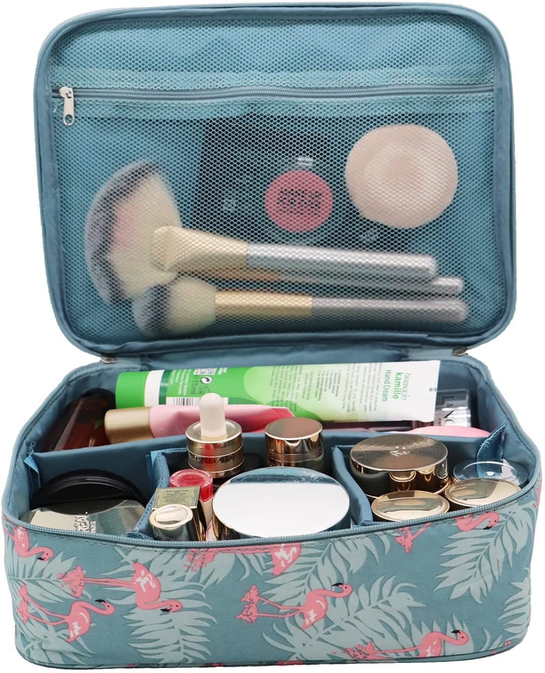 KARTUNBOX Compact Makeup Organizer - Portable Cosmetic Storage Bag with Washable Fabric & Dividers - Travel Toiletries Case for Women & Girls (Blue) - Perfect for Travel, Gym, School & Daily Use