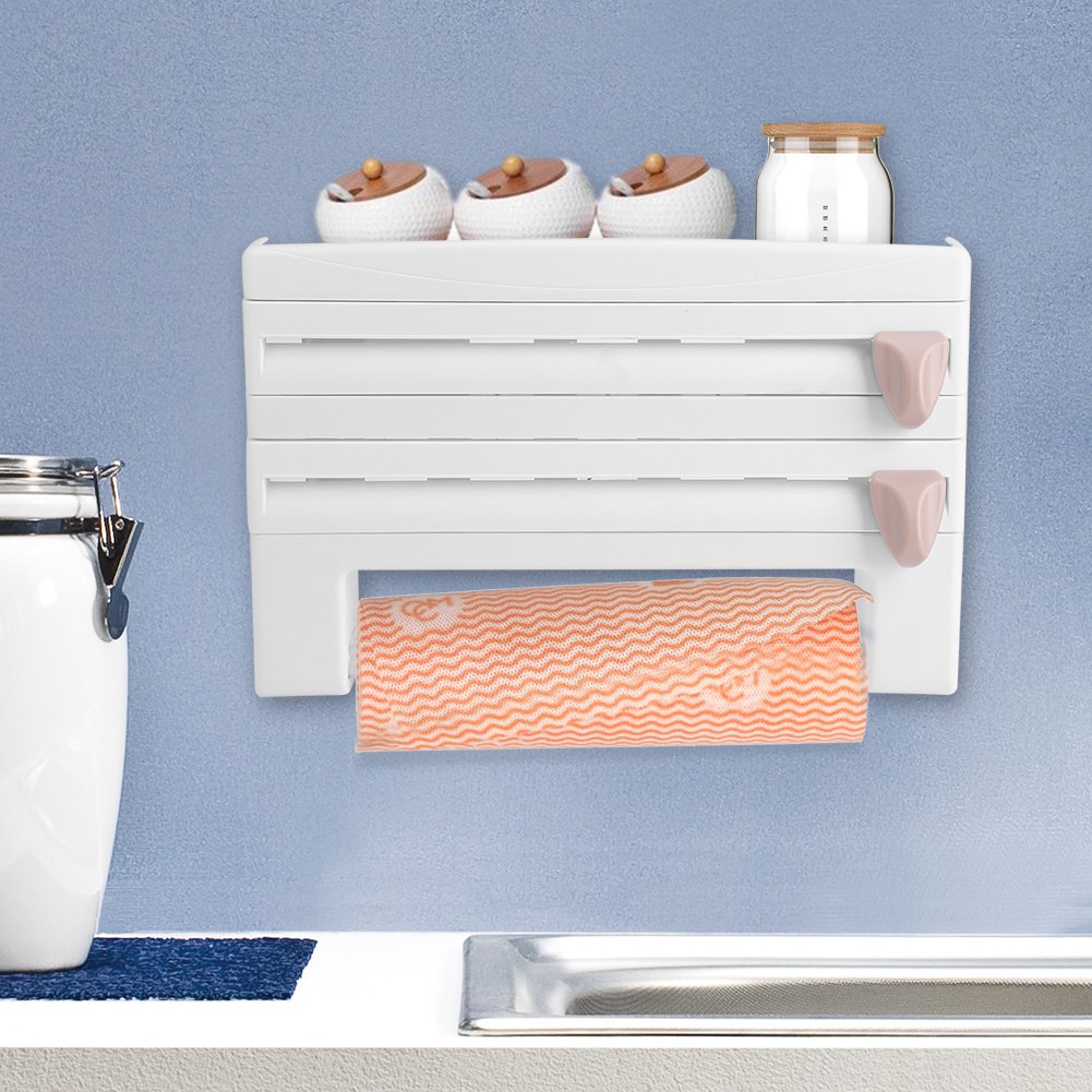 Wall-Mount Paper Towel Holder & Kitchen Organizer - Spice Rack, Foil Dispenser with Cutter, Cling Film & Sauce Bottle Storage (White) - Perfect for Kitchen Countertop & Pantry Organization