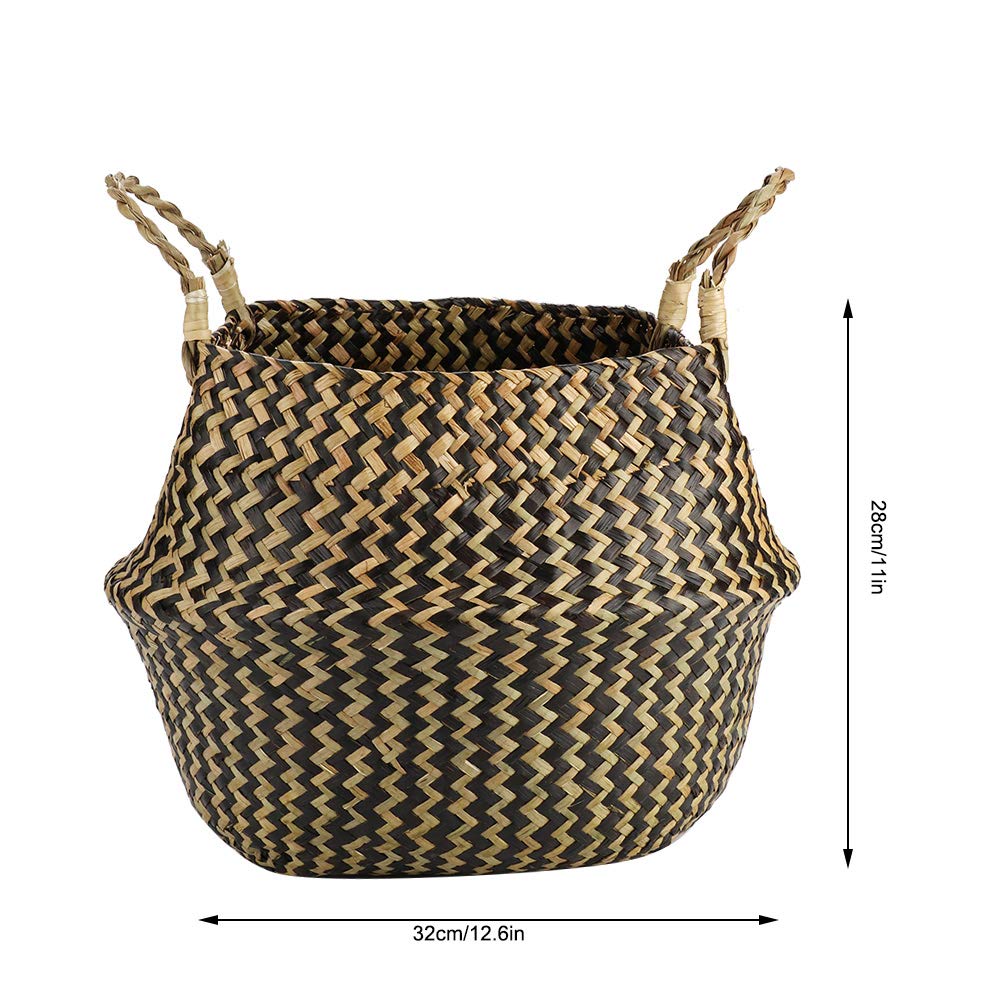 Alvinlite Hand-Woven Foldable Storage Baskets - Eco-Friendly Seagrass & Seaweed Woven Organizer for Clothes, Toys, Blankets & Plant Pots (Black) | Perfect for Home, Nursery & Office Organization