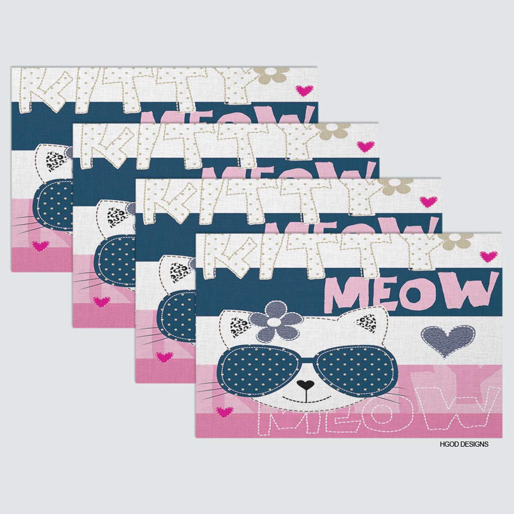 HGOD DESIGNS Cute Kitty with Glasses & Flower Placemats - Set of 4 Cotton Linen Table Mats (12x18 Inch) for Dining, Kitchen, Party Decor & Gift Ideas