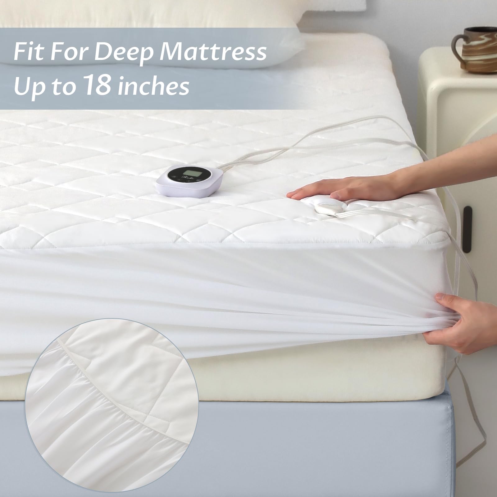 Reaks Electric Heated Mattress Pad - California King Size, Quilted Dual Control with 10 Heat Settings, ETL Certified Bed Warmer with 1-12 Hour Timer & Auto Shut Off, Lighted Buttons, White - Perfect for Cold Nights & Arthritis Pain Relief