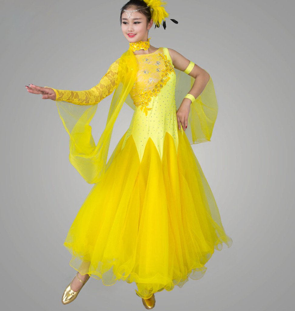 Elegant Women's Modern Waltz Tango Smooth Ballroom Dance Dress - Standard Competition Ball Gown (Yellow, Size M) | Perfect for Professional Dance Competitions, Performances & Social Dancing Events