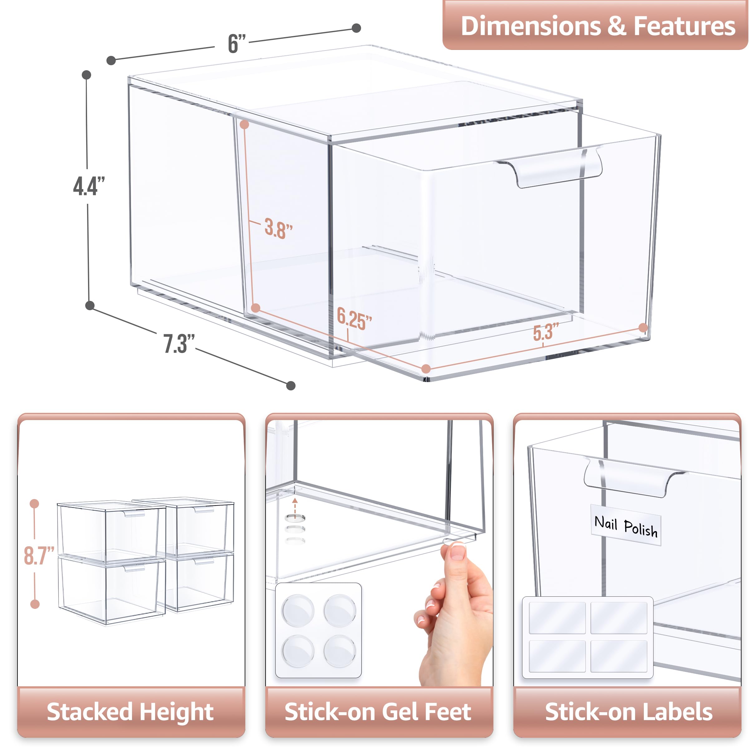 Clear Stackable Storage Drawers 4-Pack - Acrylic Organizer for Vanity, Bathroom & Kitchen | Home Organization Solution