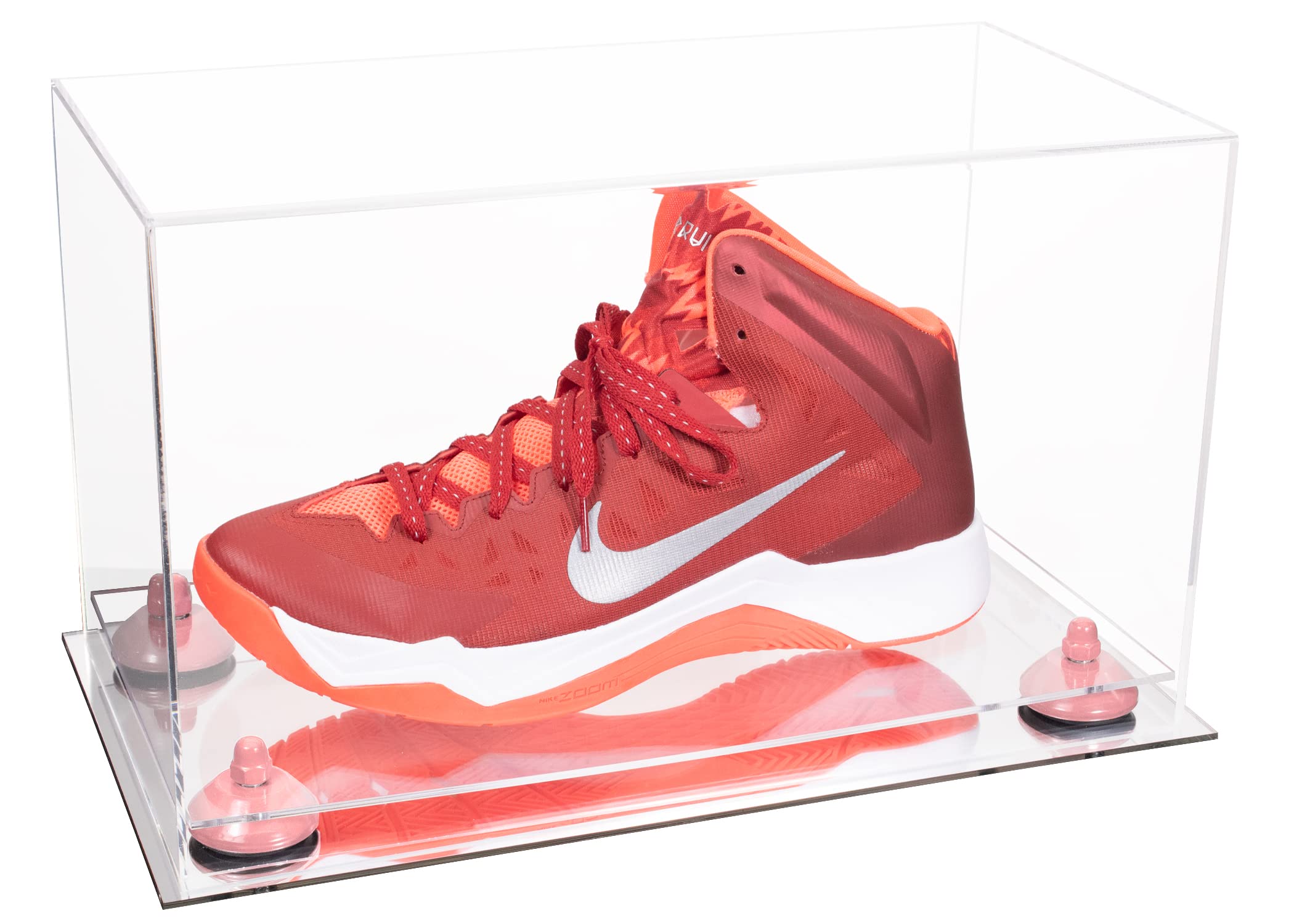 Clear Acrylic Large Shoe Display Case with Pink Risers & Mirror Base - Perfect for Basketball Shoes, Soccer Cleats, Football Cleats (V11/A013) - Ideal for Sneaker Collection, Sports Memorabilia Display & Home Decor
