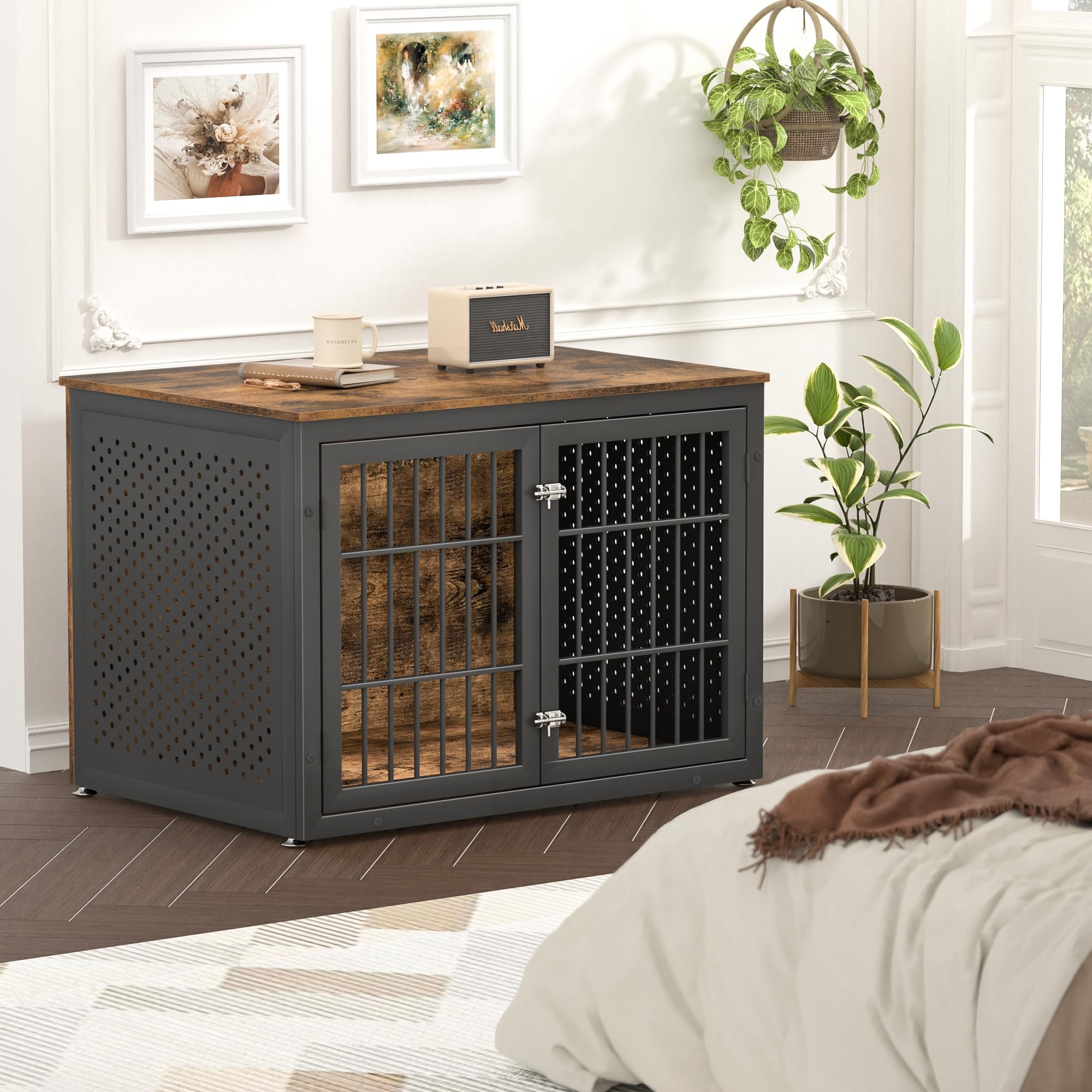 **Heavy Duty Rustic Dog Crate Furniture for Large & Medium Dogs – Indestructible Metal & Wooden Kennel – Enclosed Design for Indoor Use – Decorative Dog Kennel End Table – Perfect for Living Rooms, Bedrooms & Home Decor**