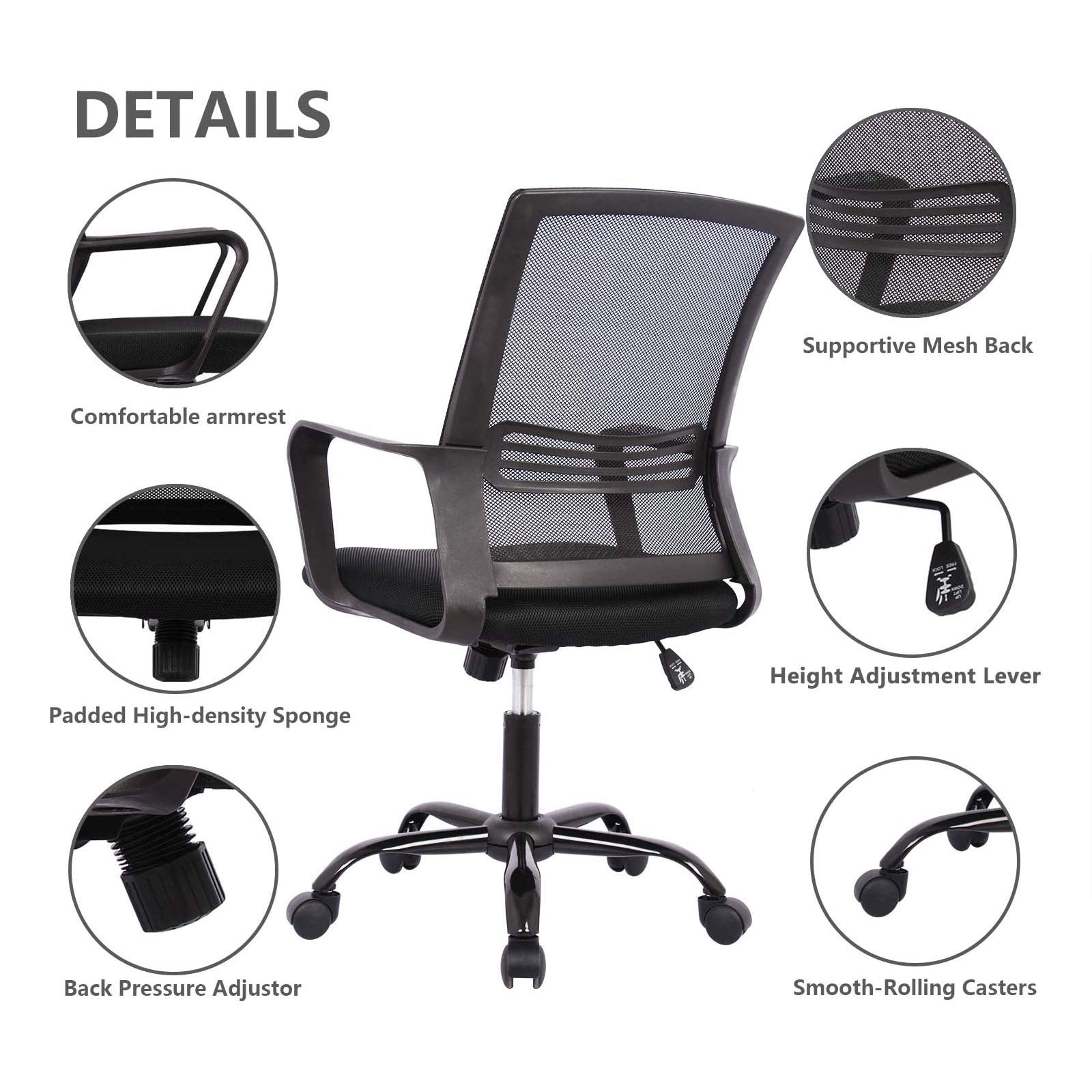 Ergonomic Mesh Office Chair with Lumbar Support & Adjustable Armrests - Black Swivel Rolling Computer Desk Chair for Home & Executive Workspaces - Perfect for Long Work Hours, Gaming & Remote Work