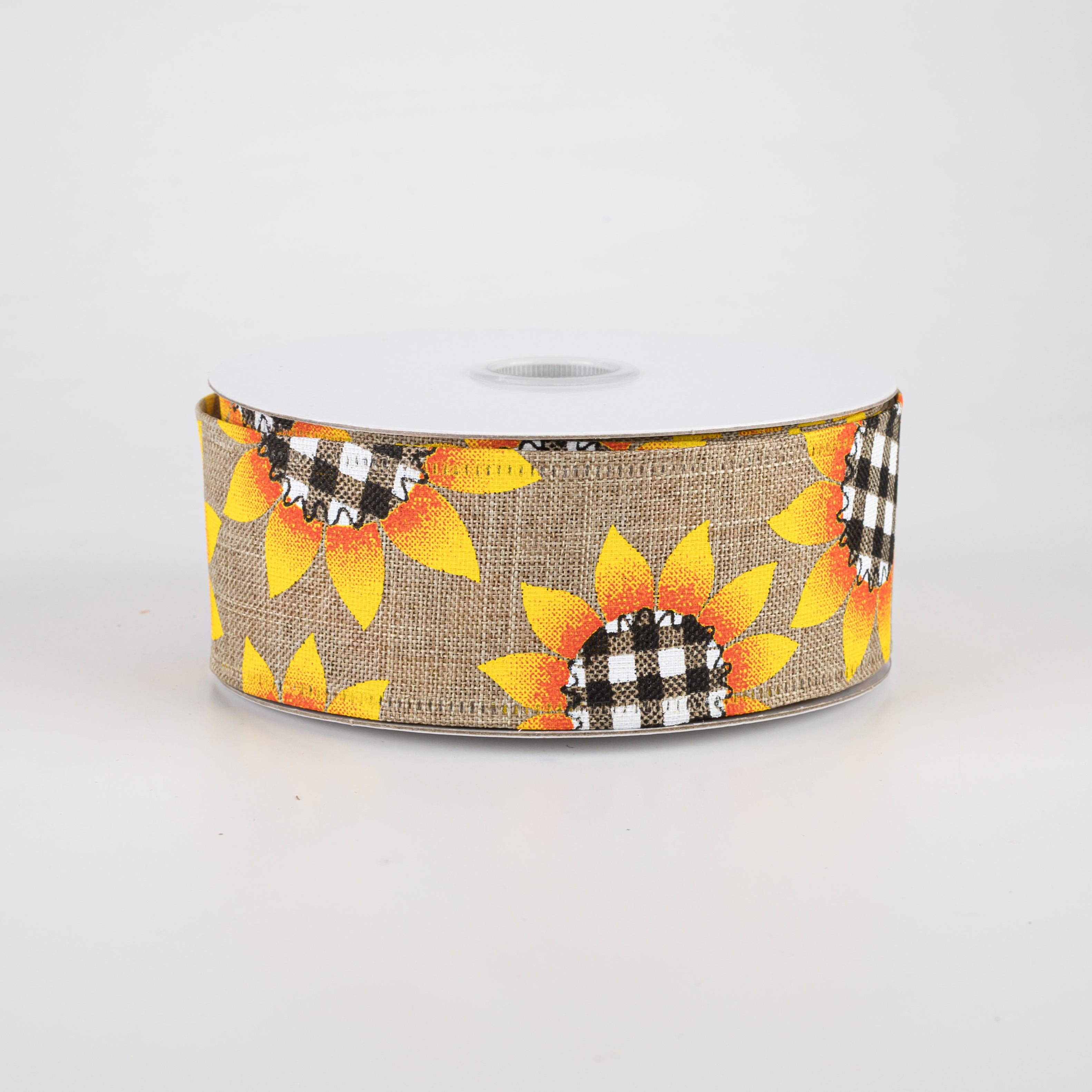 1.5 Inch Linen Buffalo Plaid Sunflower Ribbon - Natural Fabric Ribbon (10 Yards) for Gift Wrapping, DIY Crafts, and Home Decor