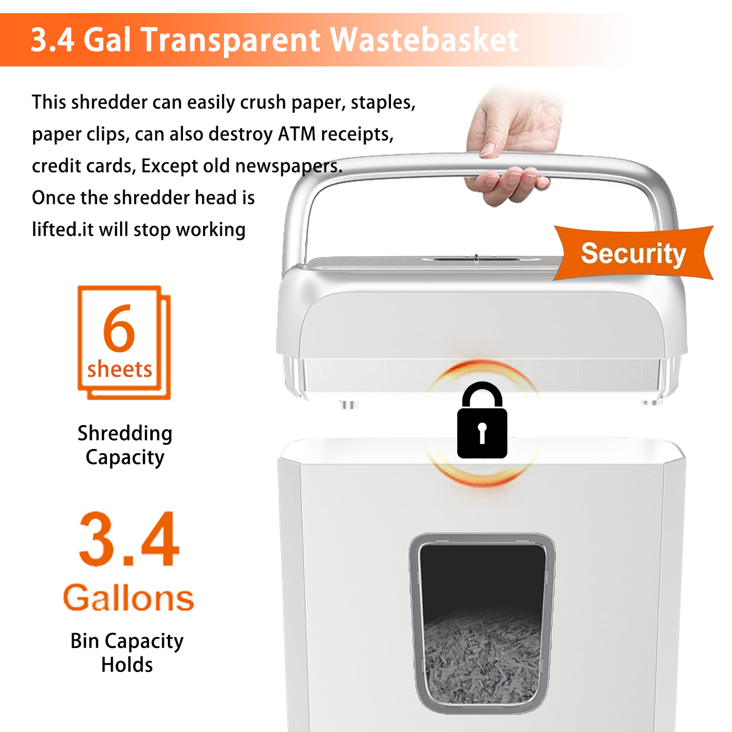 Bonsaii Quiet Cross Cut Paper Shredder - 6 Sheet Capacity, Low Noise for Home Office Use | Perfect for Documents, Mail & Staples | 3.4 Gallon Wastebasket with Easy Carry Handle (White) | Ideal for Small Offices, Home Workspaces & Secure Document Disposal