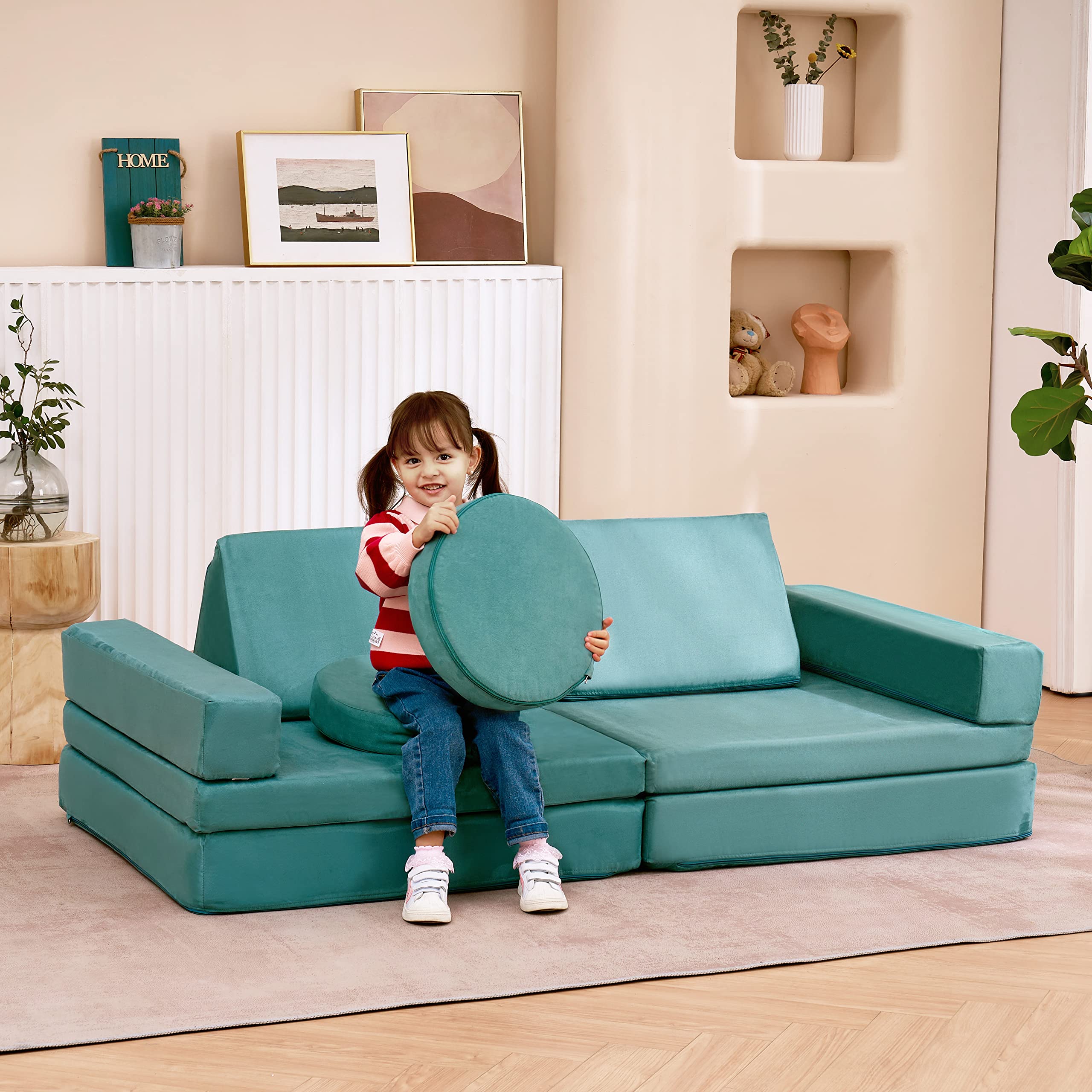 Jela Modular Sectional Sofa - 10PCS Extended Size Floor Couch with Futons, Foam Play Furniture for Kids & Adults (Light Blue) - Perfect for Playrooms, Living Rooms & Small Spaces