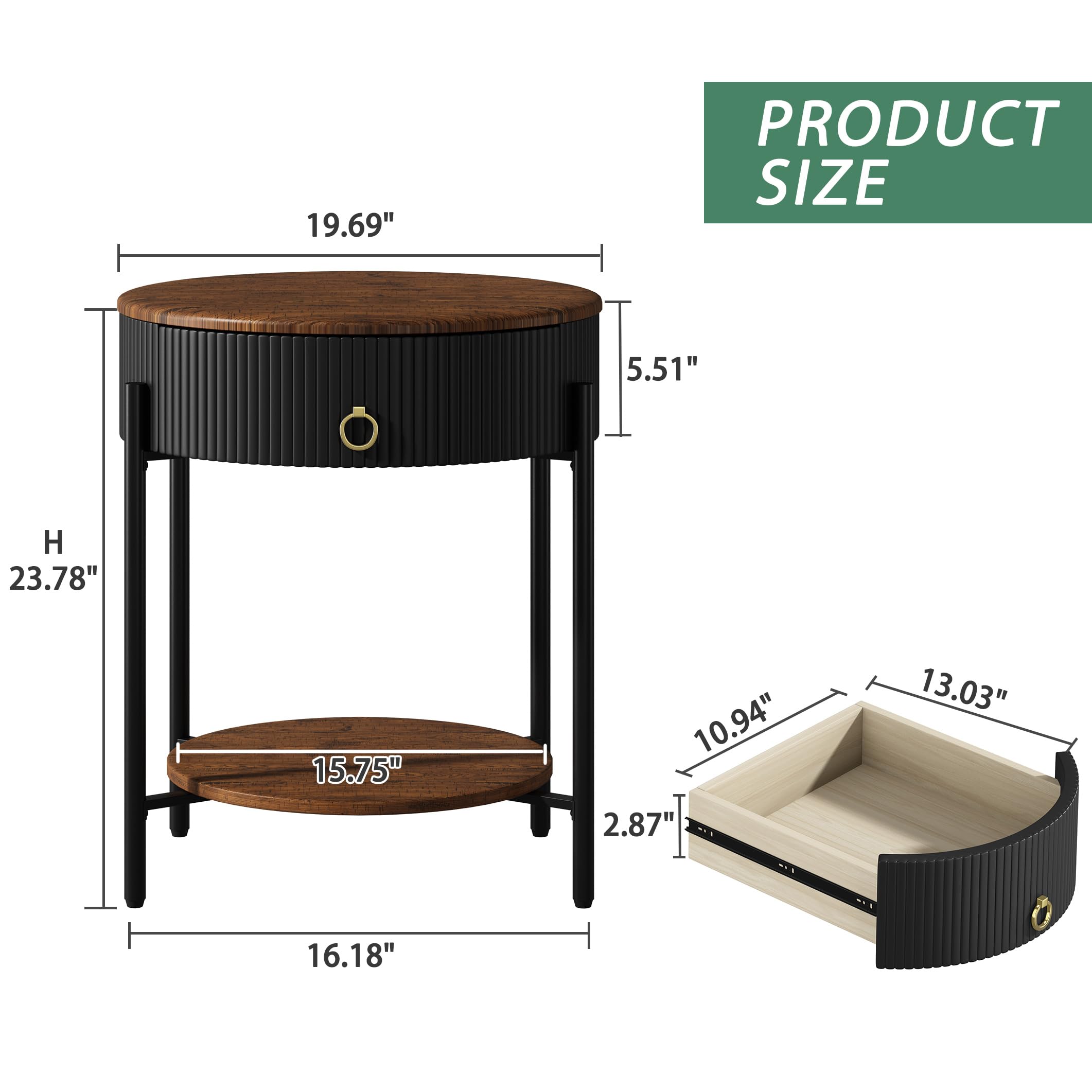 Modern Industrial Side Table with Drawer & 2-Tier Shelf - Wood Grain Nightstand with Storage for Living Room, Bedroom, Office & Dorm - Perfect for Small Spaces & Apartment Living (Black)