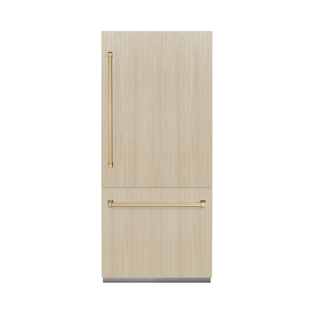 ZLINE Autograph Edition 36 Inch Built-In Bottom Freezer Refrigerator - 19.8 cu. ft. Panel Ready with Ice Maker & Water Dispenser, Graphite Gray Interior & Champagne Bronze Accents (GRBITZ 36 CB) - Perfect for Modern Kitchens, Open Concept Homes & Luxury Appliances Collection