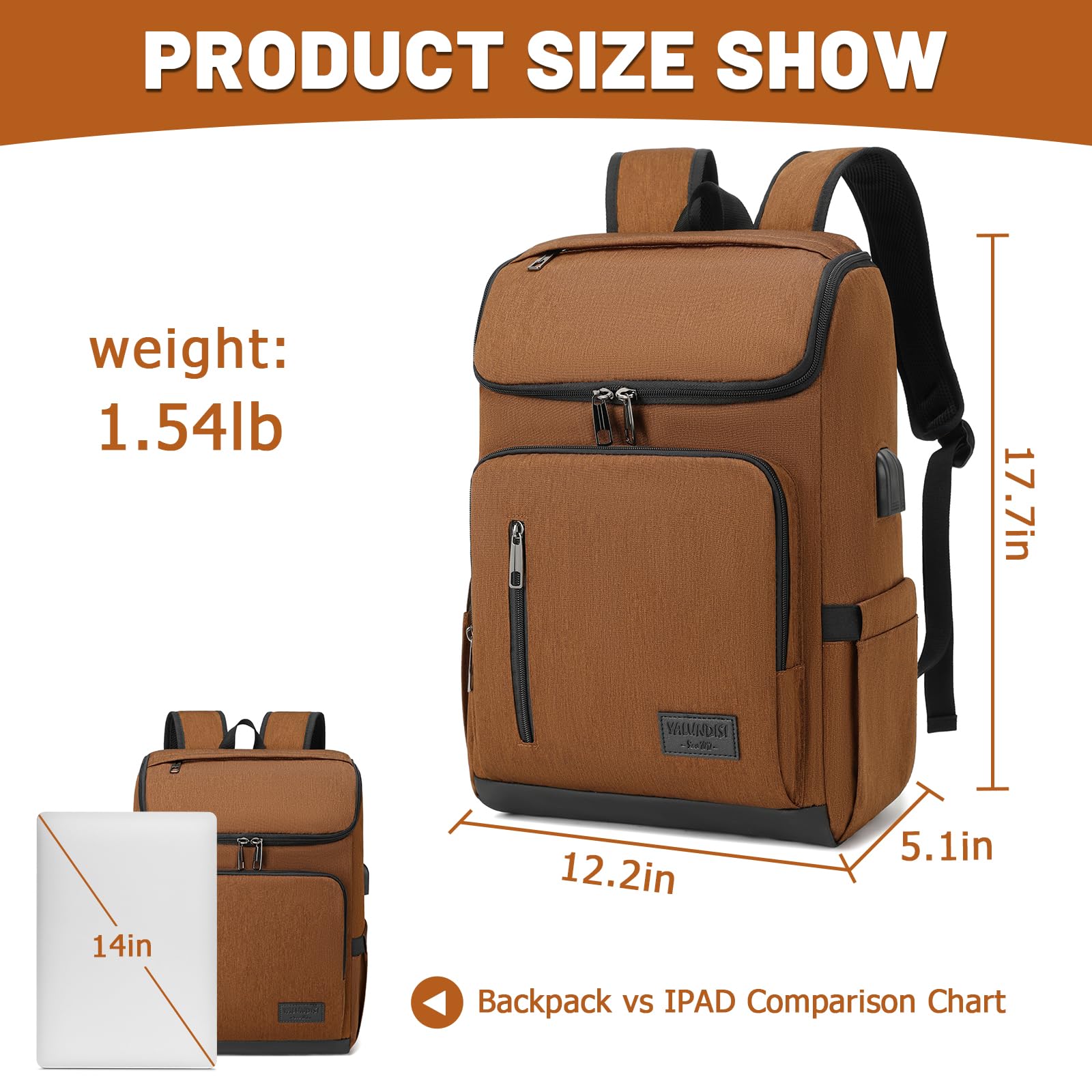 YALUNDISI USB Laptop Backpack for Travel & Work - Brown