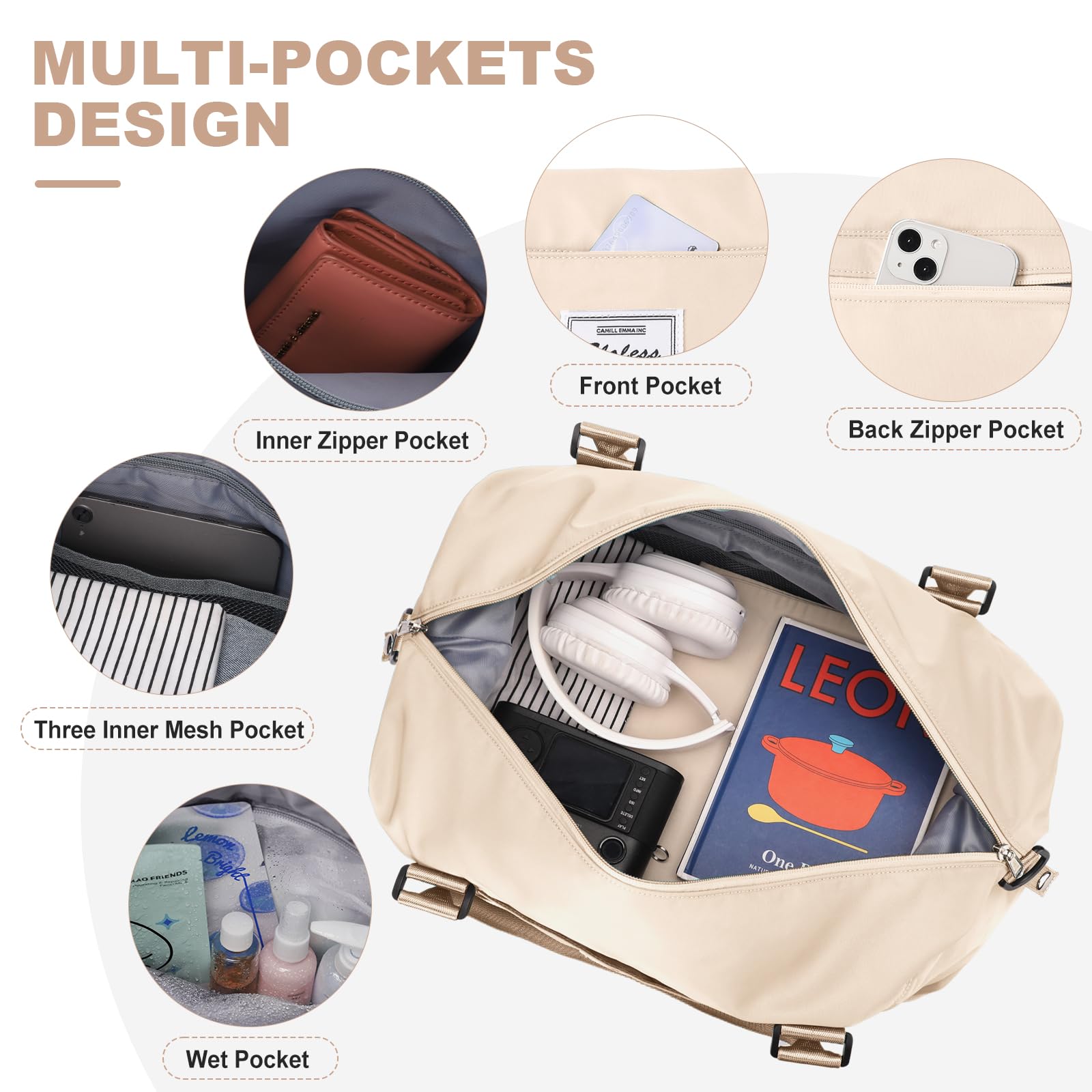 Women's Extra Large Travel Duffel Bag with Toiletry & Wet Pocket - Waterproof Weekender Overnight Gym Bag for Carry-On, Beige | Perfect for Business Trips, Gym Workouts & Weekend Getaways