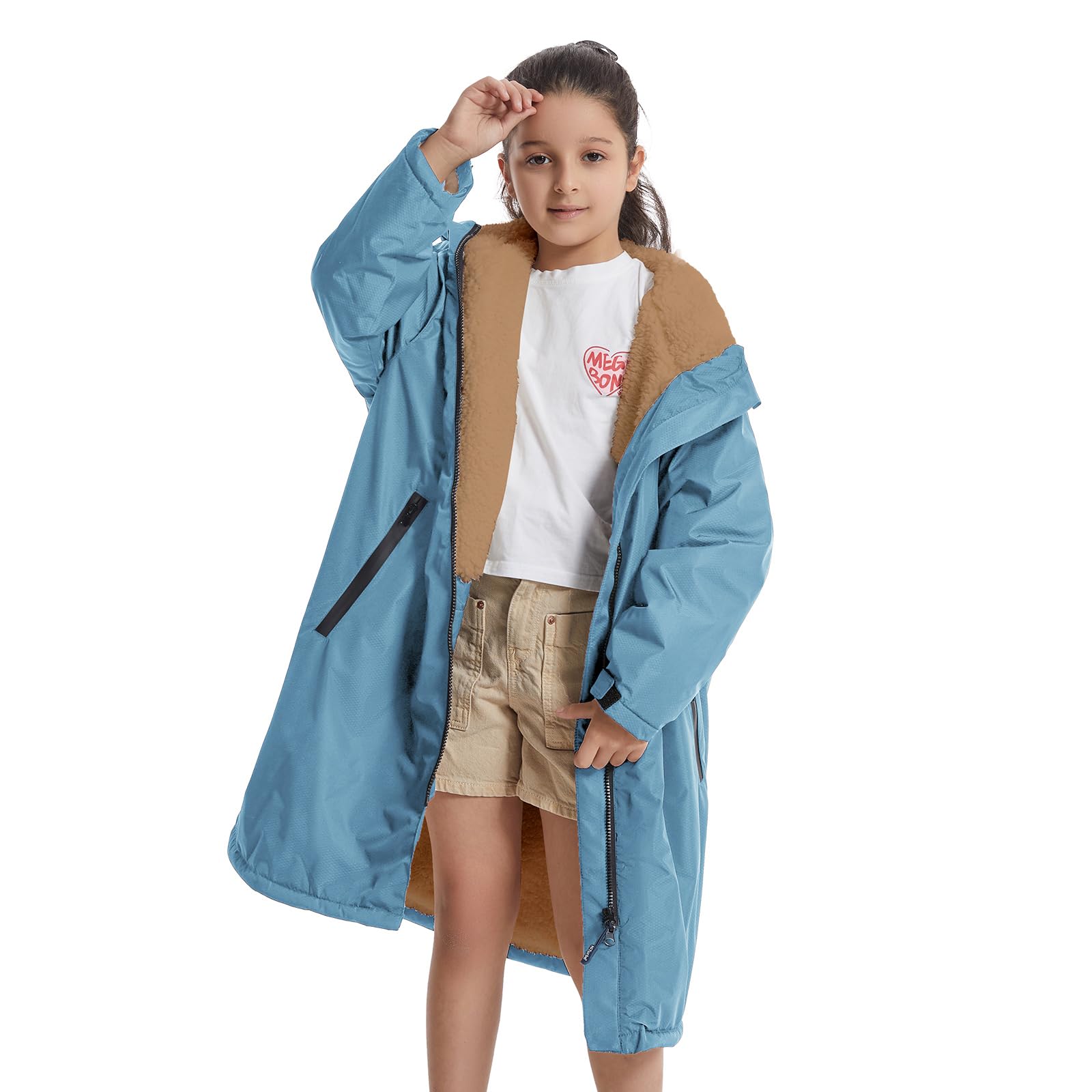 Warm Thick Lambswool Swim Parka for Kids 7-14 Years - Oversized Hooded Surf Poncho, Loose Waterproof Swimming Coat - Perfect for Beach, Pool & Surfing After Swim