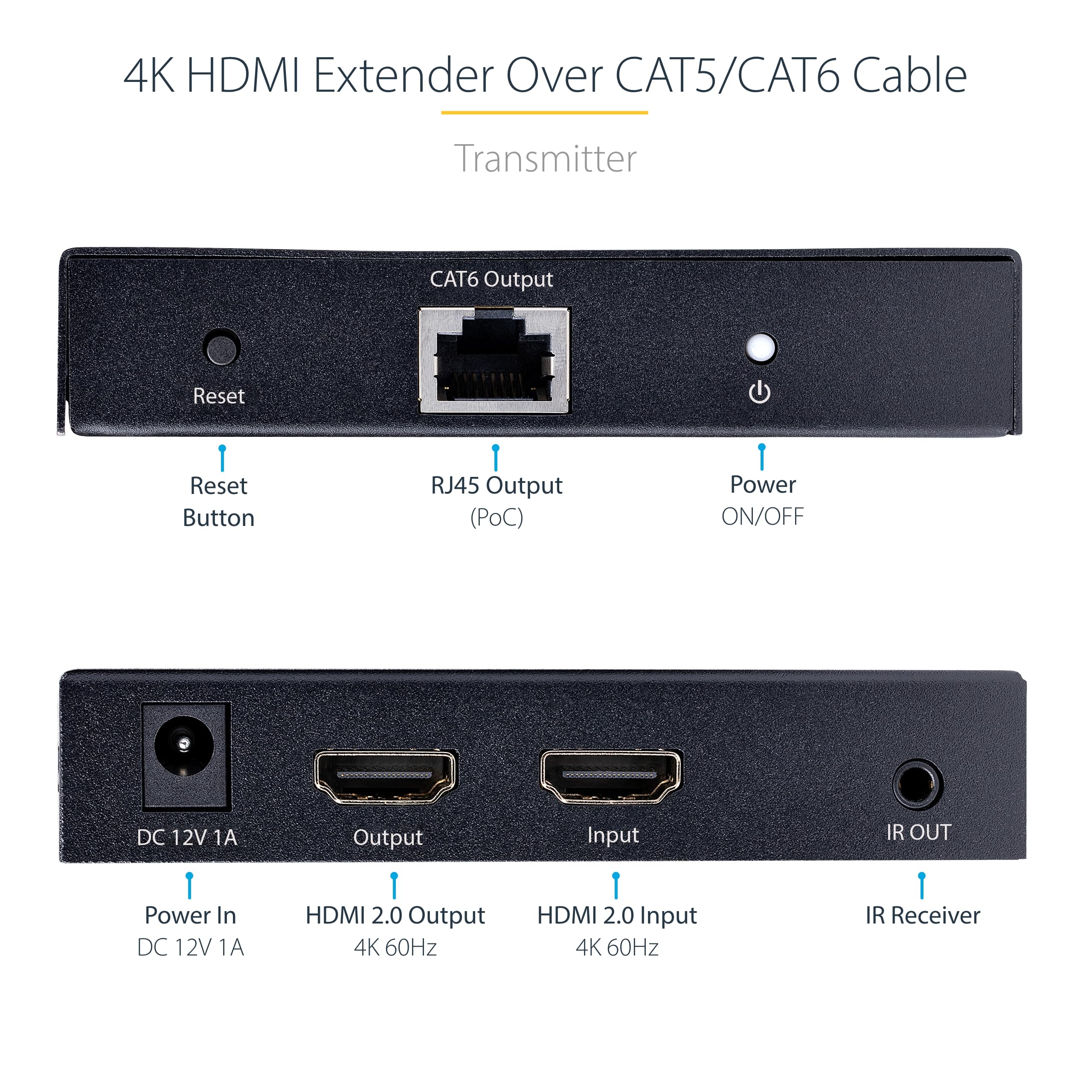 StarTech.com 4K HDMI Extender Over CAT5/CAT6 Cable - 4K 60Hz HDR Video & Audio Transmitter/Receiver Kit Up to 230ft (70m) | HDMI Over Ethernet with S/PDIF Output | Perfect for Home Theater, Gaming & Conference Room Setup (4K70IC-EXTEND-HDMI)