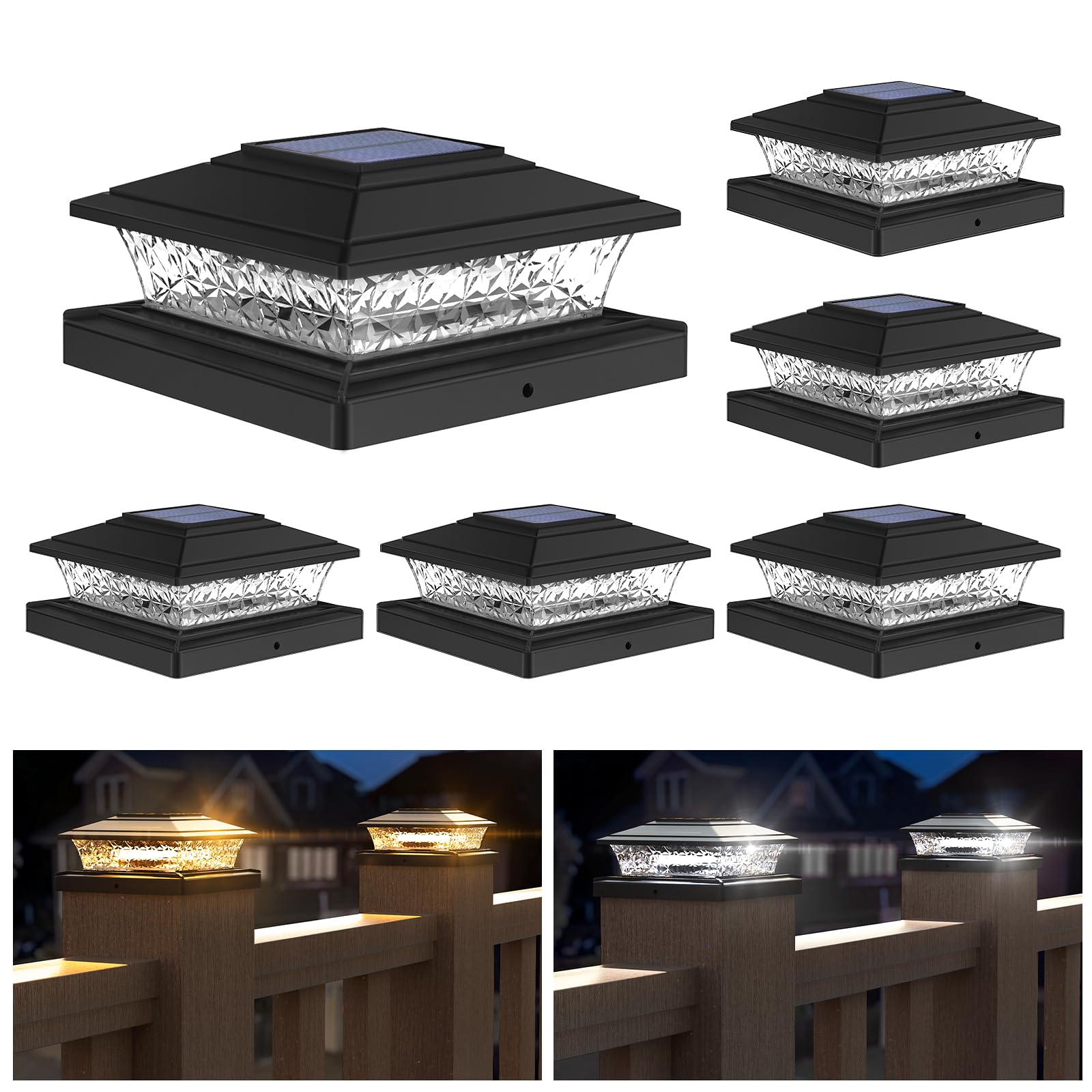 APONUO Solar Post Lights Outdoor - 6 Pack Black Waterproof Solar Powered Fence Lights with 16 LEDs & 2 Lighting Modes for 4x4 5x5 6x6 Wooden/Vinyl Posts - Perfect for Deck, Fence, Porch, Garden & Pathway Lighting