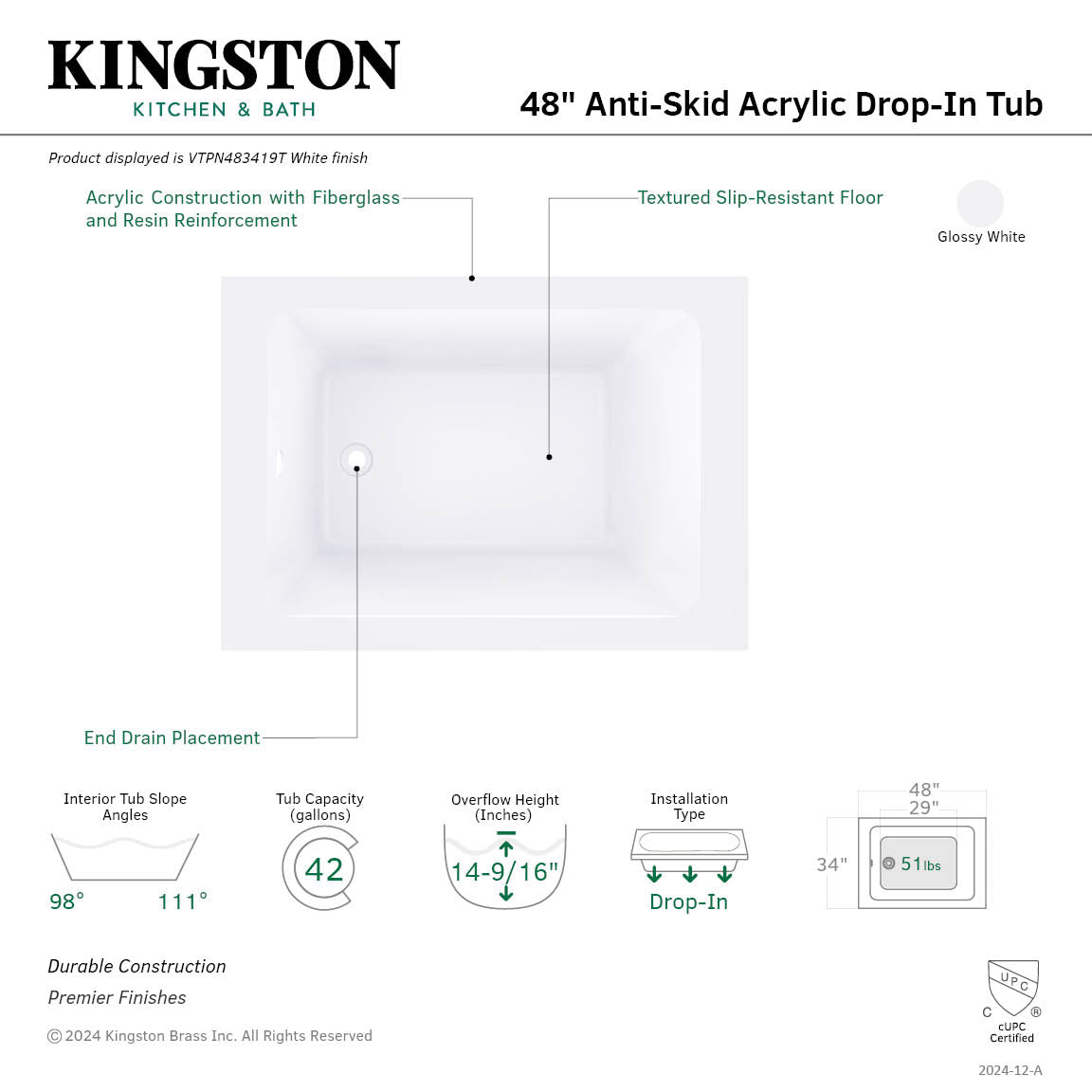 Aqua Eden 48 Inch Acrylic Rectangular Drop-In Bathtub with Anti-Slip Surface - Glossy White Freestanding Soaking Tub for Modern Bathroom Renovation & Spa Relaxation
