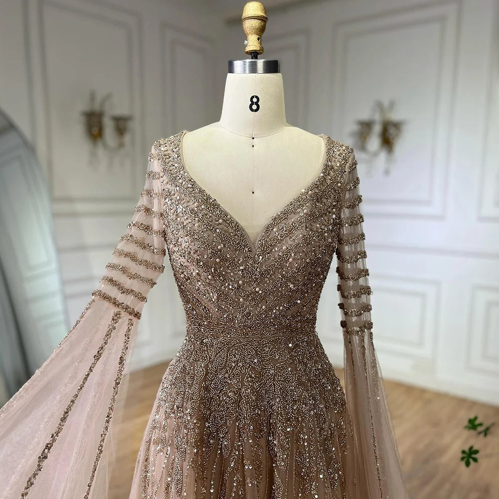 Elegant Beaded Long Evening Gowns with Cape Sleeves - Luxury Dubai Arabic Caramel A-Line Formal Dress for Women | Perfect for Weddings, Galas & Special Occasions LA72750