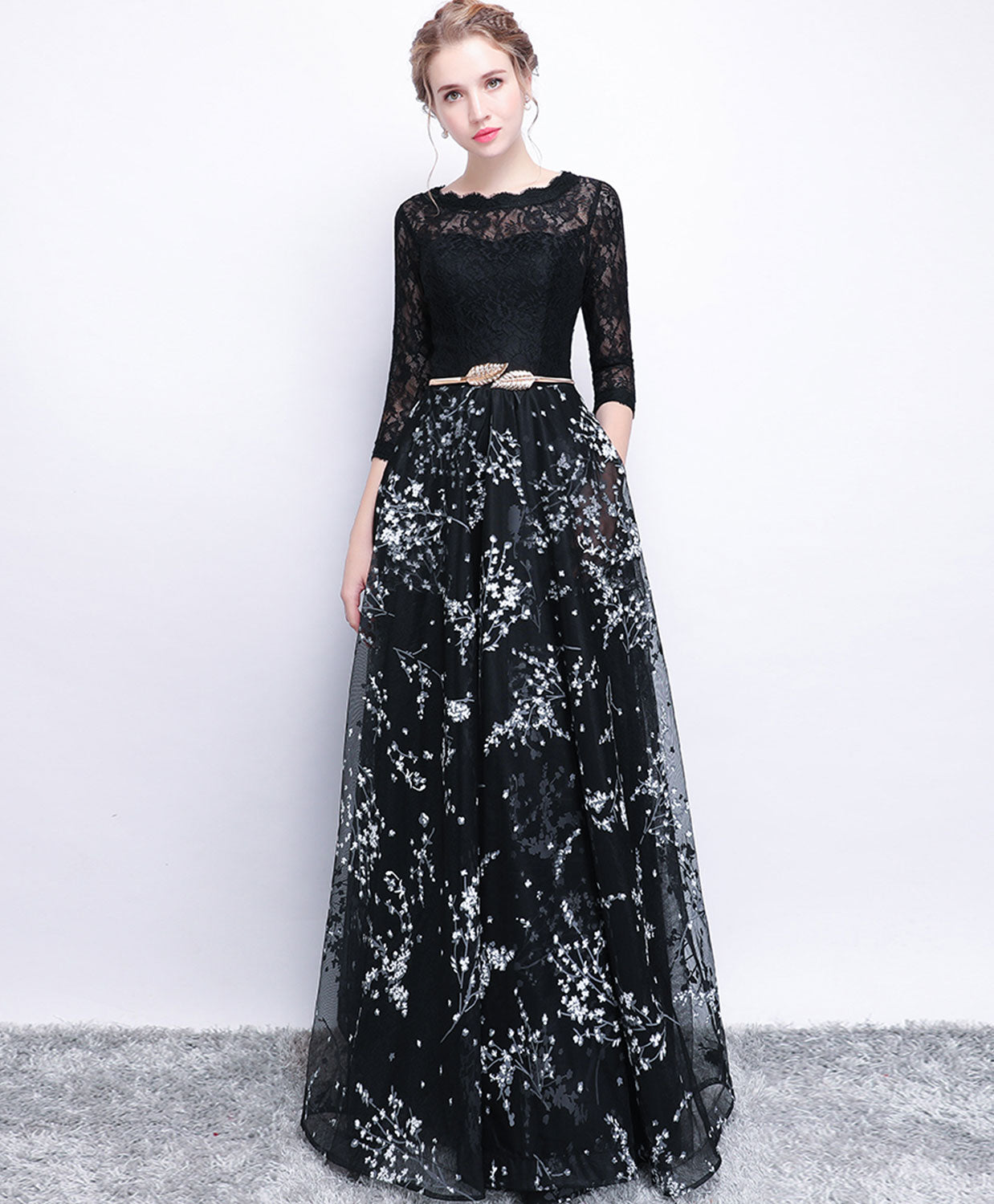 Elegant Black Lace Long Prom Dress with Long Sleeves - Formal Evening Gown for Homecoming, Wedding Guest & Special Occasions