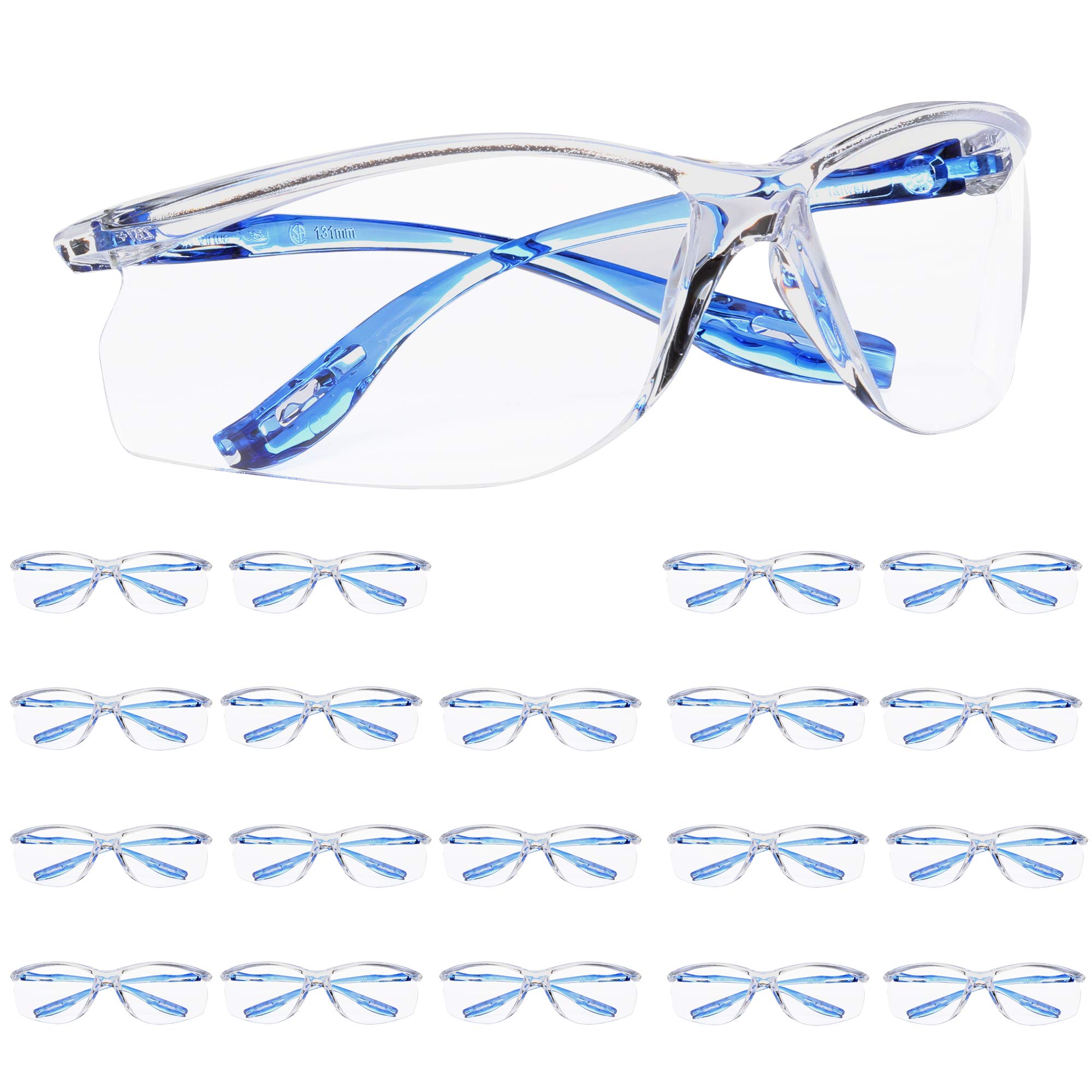 3M Virtua Sport CCS Safety Glasses - 20 Pack, ANSI Z87.1 Certified, Anti-Fog & Anti-Scratch Clear Lenses, Blue Frame with Corded Ear Plug System - Ideal for Construction, Woodworking, Lab Work and Outdoor Sports Protection