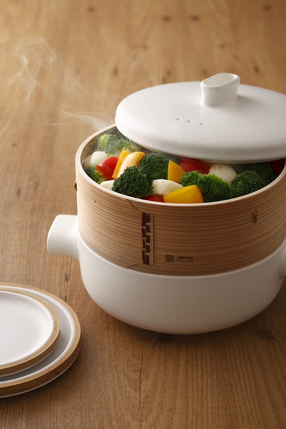 Premium Ceramic Steamer Pot - 7.1 Inch (18 cm) White Small Bamboo Steamer for Healthy Cooking | Perfect for Dumplings, Vegetables & Asian Cuisine
