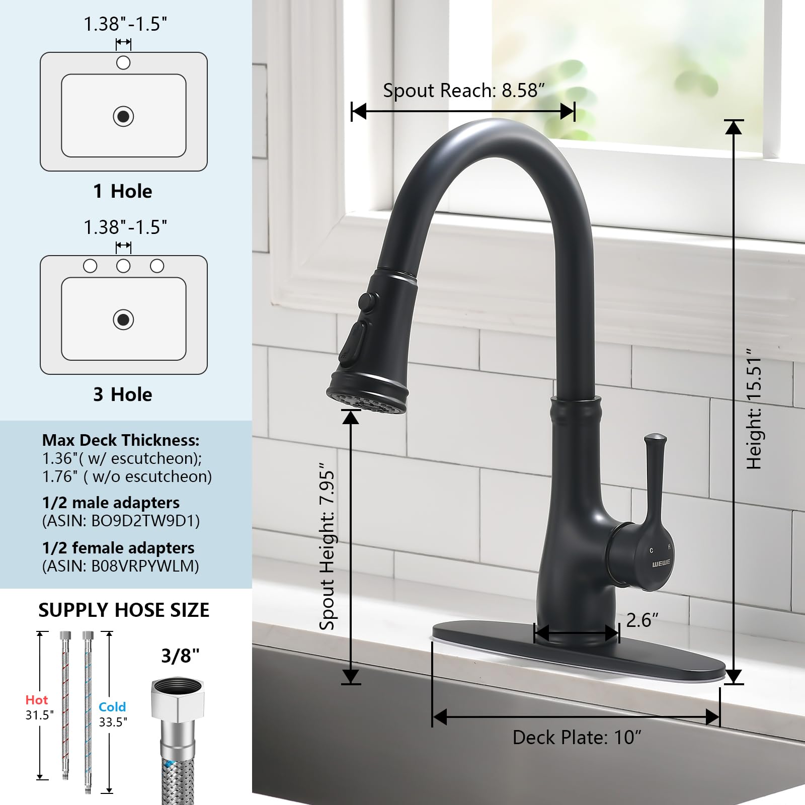 Premium Matte Black Single Handle Pull Down Kitchen Faucet with Sprayer - Modern WEWE Black Kitchen Sink Faucet for Easy Cleaning & Dishwashing | Perfect for Home, Restaurant & Commercial Kitchens