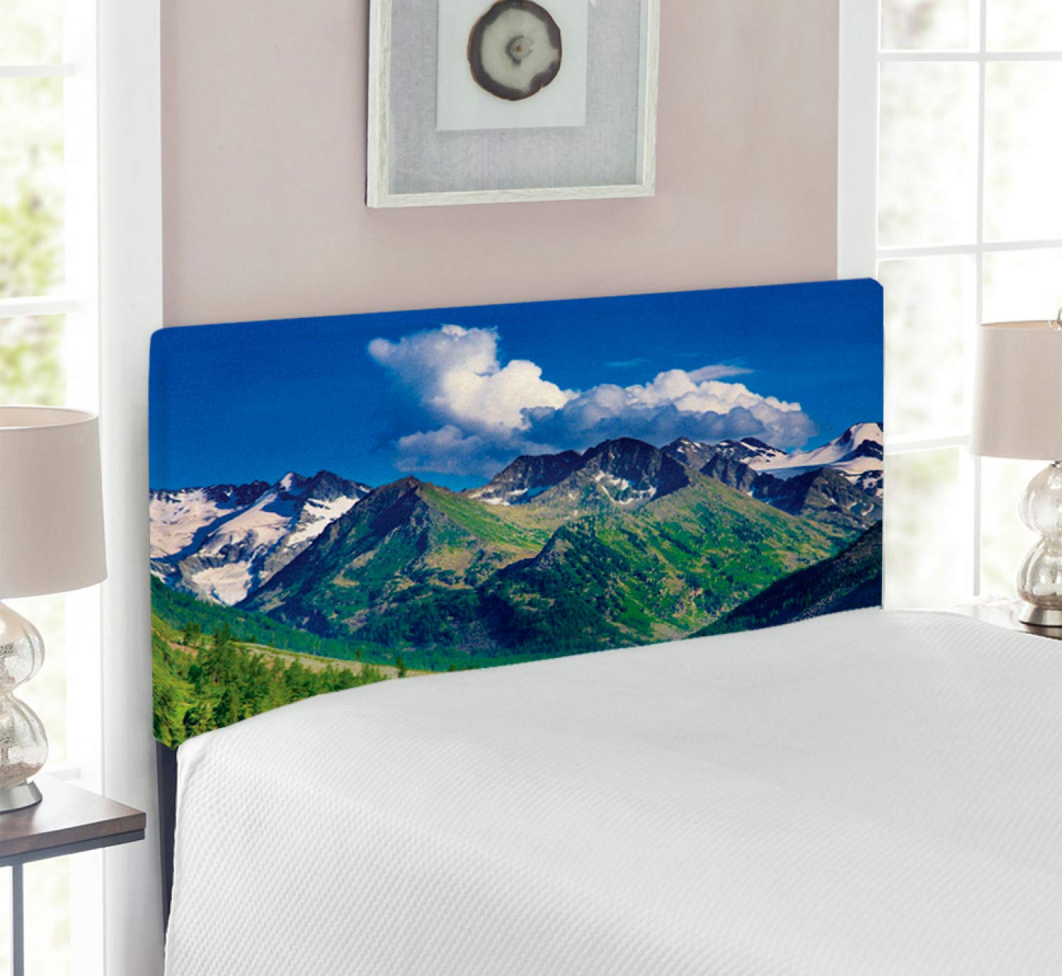 Ambesonne Highland Headboard - Lake in Altai Mountains Scenic Upholstered Metal Bed Frame with Memory Foam | Twin Size Green Blue Aqua | Perfect for Bedroom Decor, Guest Room & Vacation Home Style