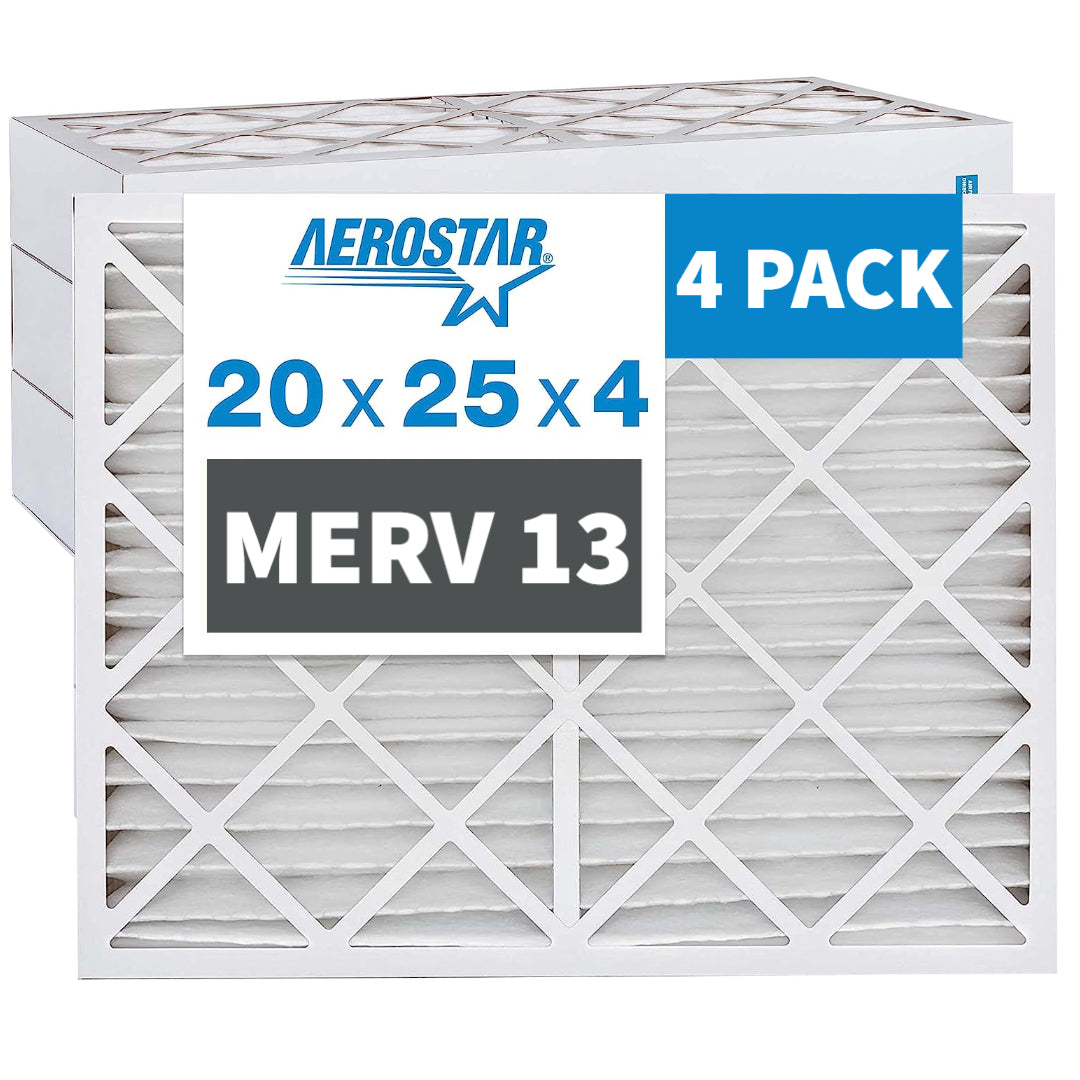 Aerostar 20x25x4 MERV 13 Pleated Air Filters (4-Pack) - Exact Size 19.5x24.5x3.75 - High Efficiency HVAC Furnace Filters for Home & Office Air Purification
