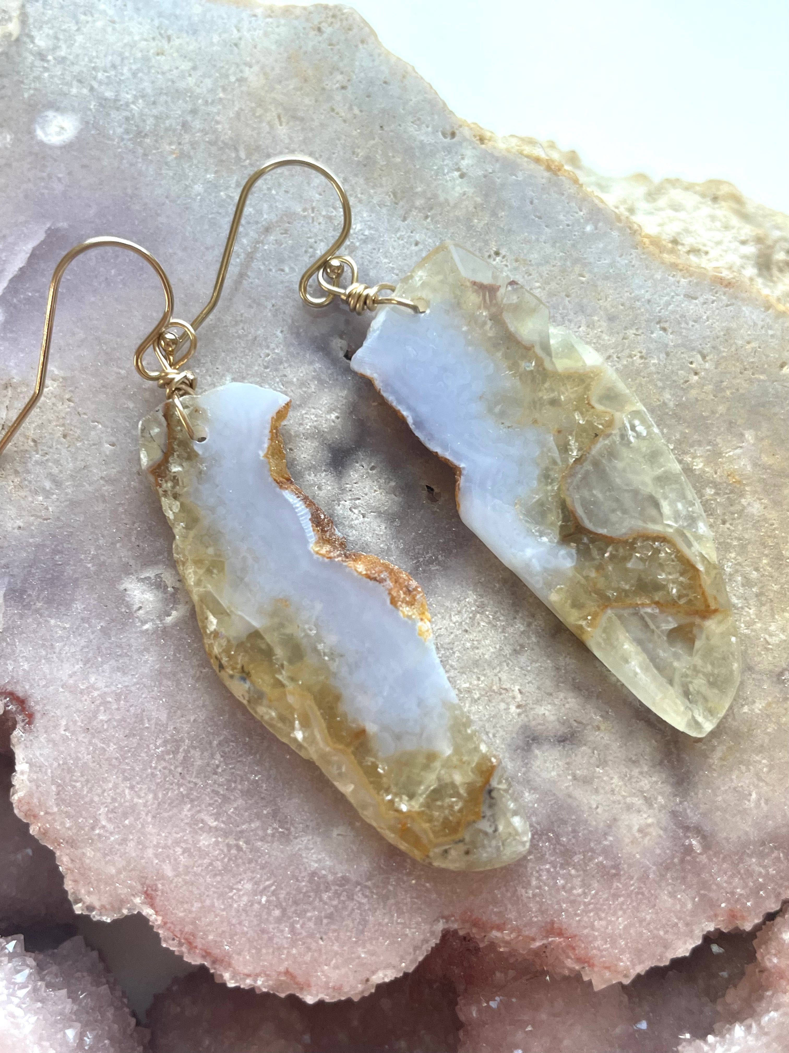 Large Blue Lace Agate Gold Filled Statement Crystal Gemstone Earrings for Women | Elegant Dangle Earings for Party, Wedding & Special Occasions | Handmade Boho Jewelry Gift