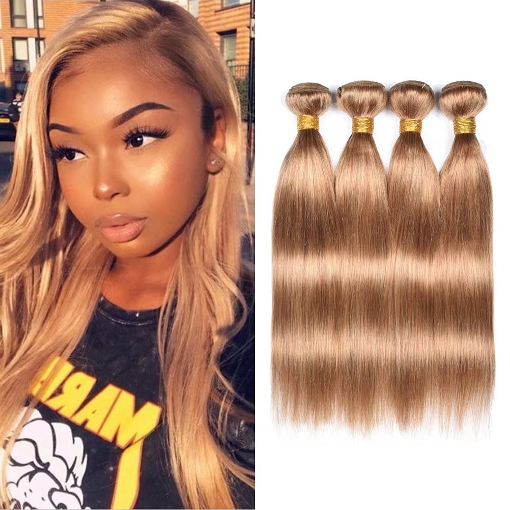 WOME 100% Unprocessed Peruvian Virgin Human Hair Bundles - Silky Straight #27 Honey Blonde (4 Bundles, 16/18/20/22 Inch) | Natural Hair Extensions for Styling & Wefting | Perfect for Daily Wear, Parties & Special Occasions