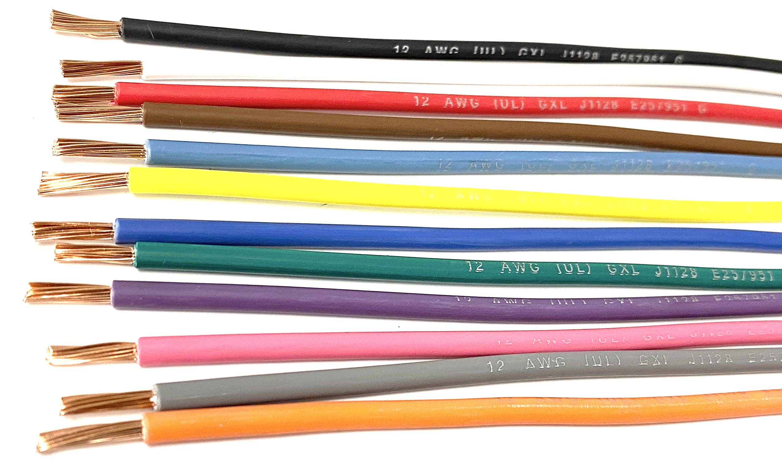 12 AWG Automotive High Temperature GXL Wire - Stranded Copper Wire with Legend Print (12 Colors, 50 Feet Coil) - Ideal for Car Audio, Engine Wiring & Electrical Repairs