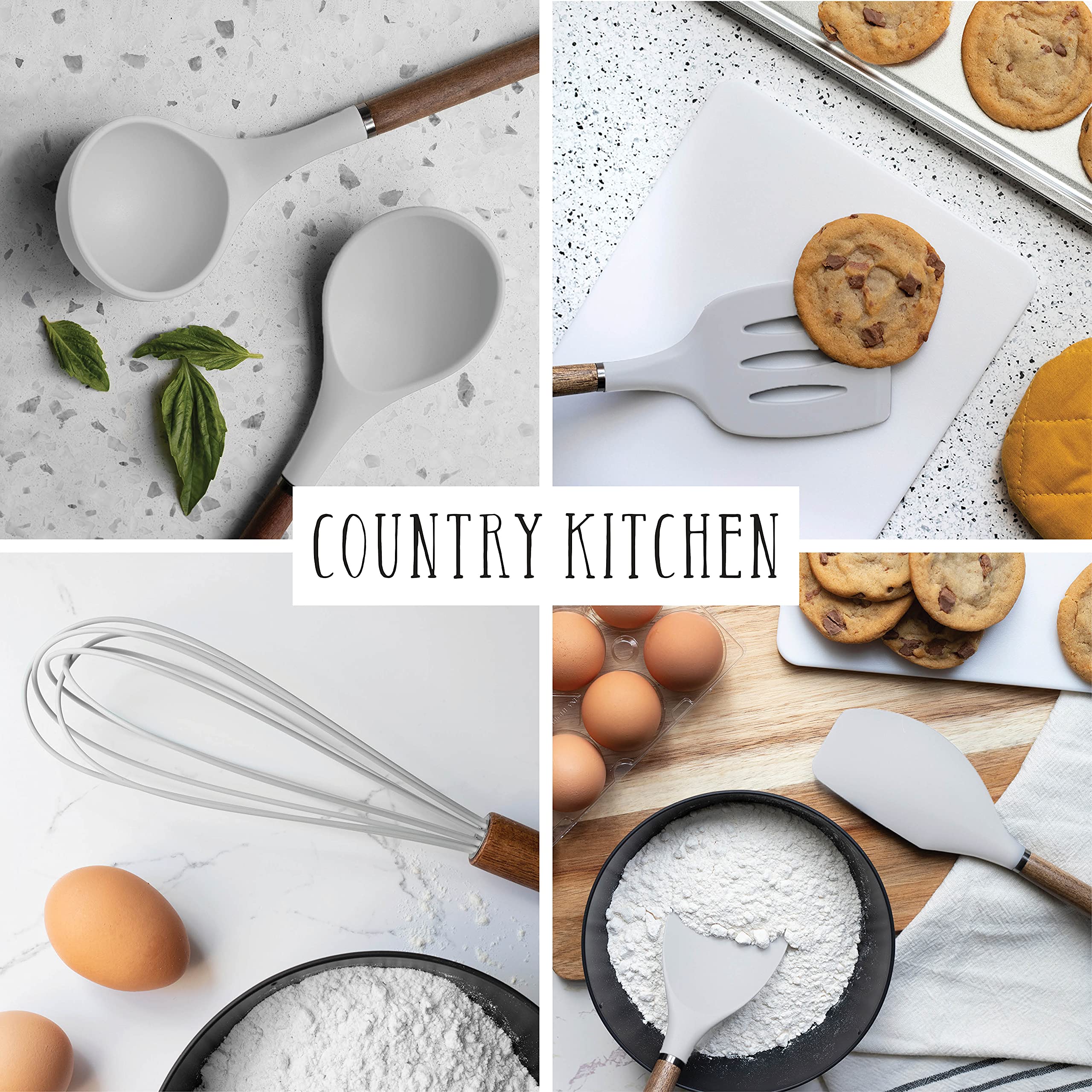 Non-Stick Silicone Cooking Utensil Set with Wood Handles - 8-Piece Kitchen Tools for Baking, Frying & Sauteing - Dishwasher Safe White Utensils for Home Chefs & Professional Kitchens