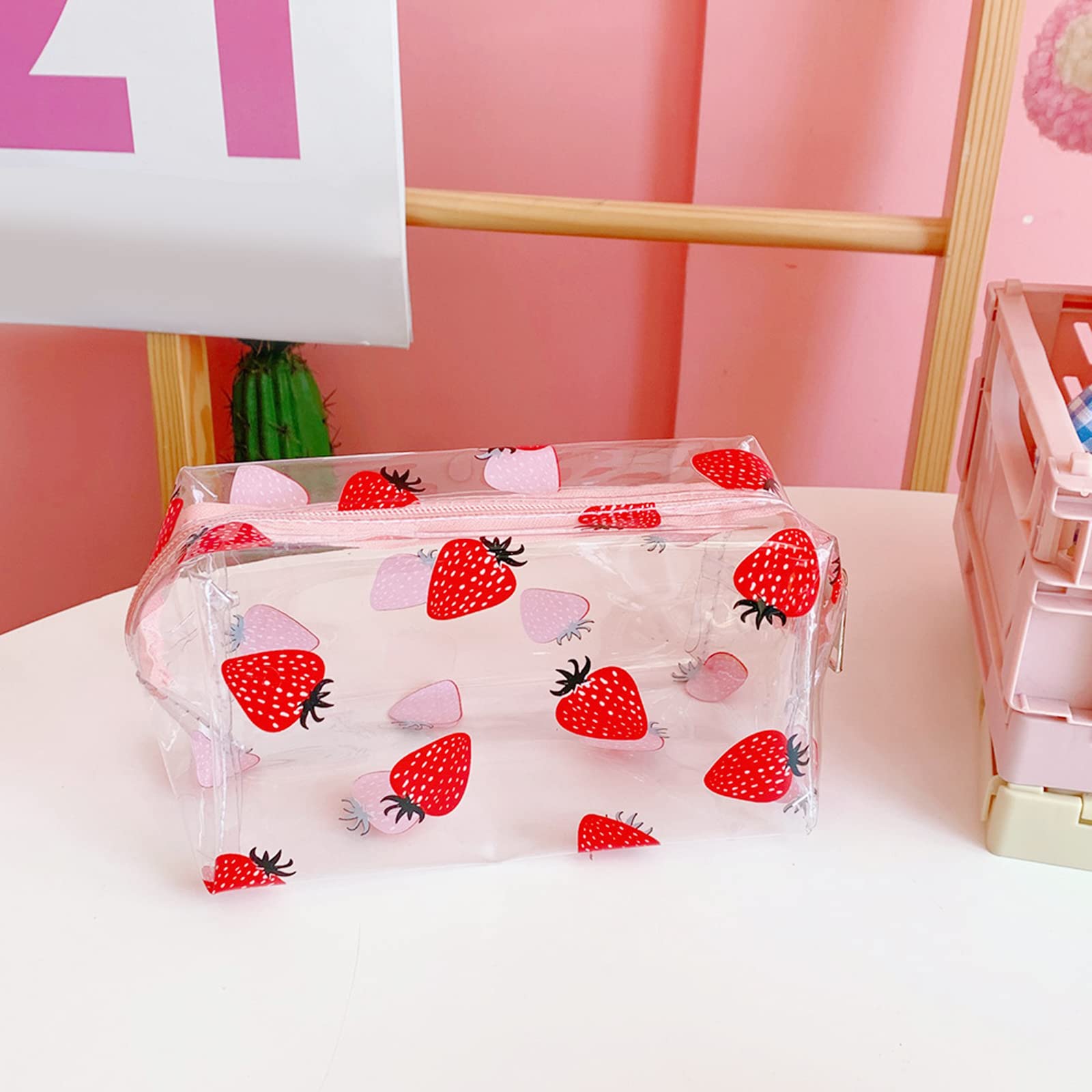 Cute Kawaii Clear Makeup Bag Organizer - Large Capacity Zippered Cosmetic Pouch, Cartoon Toiletry Storage Case for Women, 3-Pack Transparent Travel & Office Essentials (Fruit Design) - Perfect for Travel, Gym, and Daily Beauty Organization