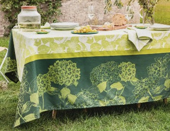 Premium Mille Hortensias Green Tablecloth - Coated Cotton Waterproof Table Cover for Dining, Parties & Outdoor Use (2024 Discontinued Pattern)