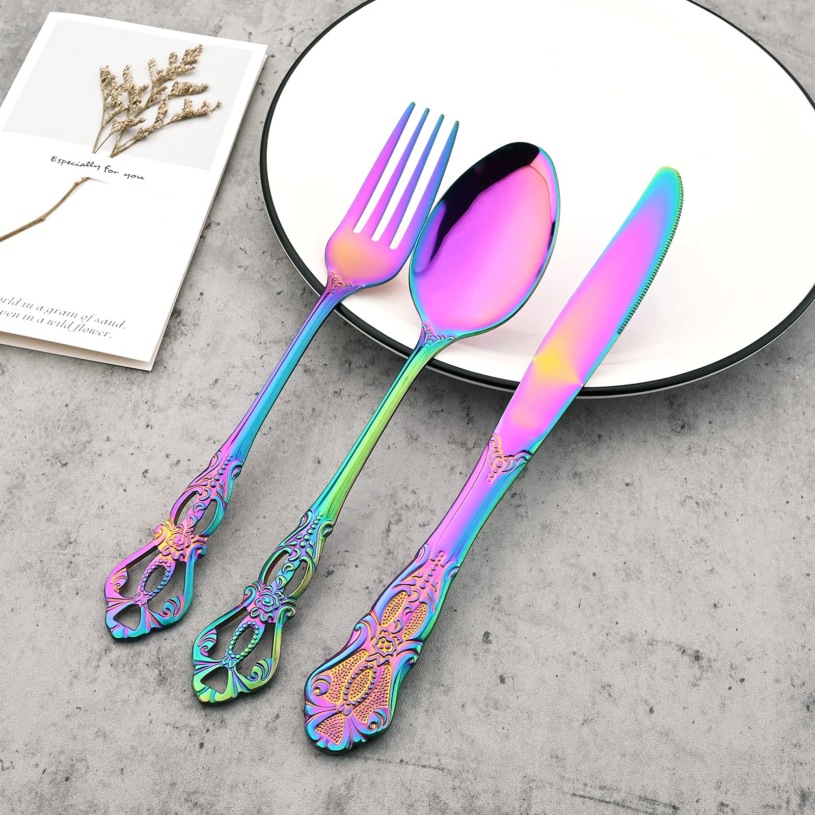 8-Piece Luxury Royal Silverware Set - 18/10 Stainless Steel Rainbow Flatware Service for 2, Elegant Cutlery Set with Forks, Spoons & Knives - Modern Mirror Polished Dishwasher Safe Tableware - Perfect for Fine Dining, Wedding Gifts & Special Occasions