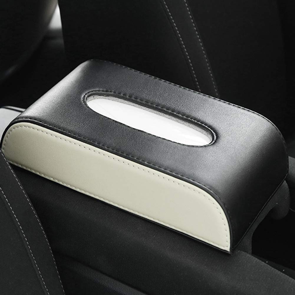 Premium PU Leather Car Tissue Box Holder - Black & Beige Car Organizer for Home, Office & Auto | Compact Tissue Dispenser for Cars, Desks & Countertops