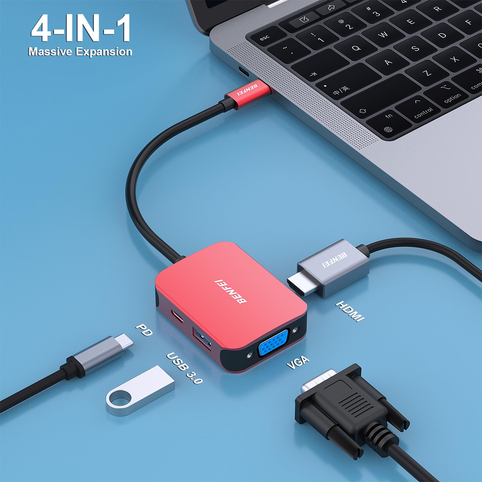 BENFEI 4-in-1 USB C Hub with HDMI VGA Adapter - for MacBook iPad iPhone 15 Pro & More - Perfect for Work & Travel