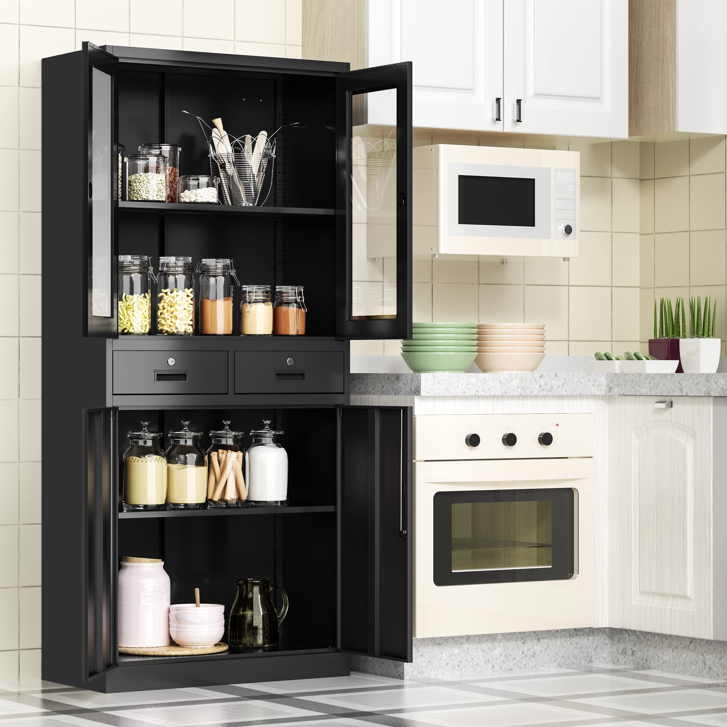 Black Glass Display Cabinet with Lockable Metal Drawers & 2 Adjustable Shelves - 71