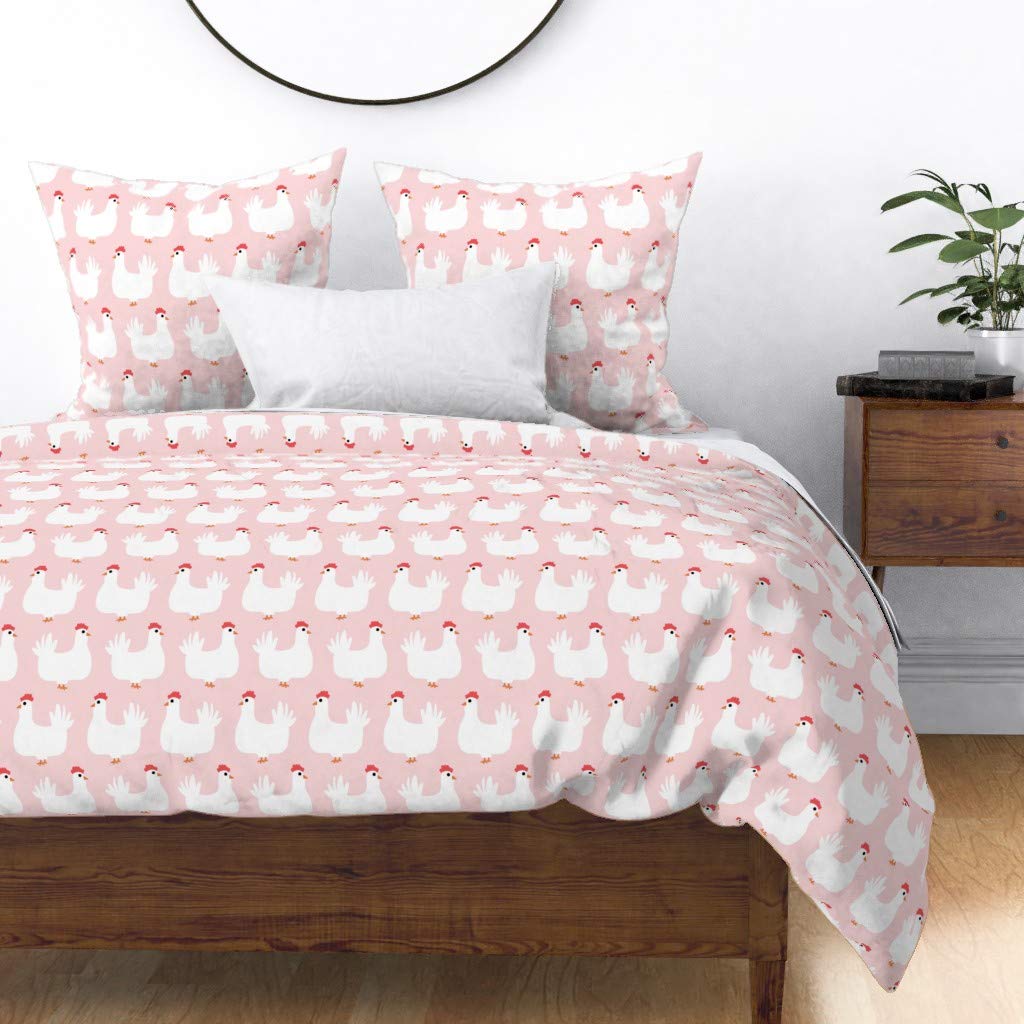Premium Spoonflower Cotton Sateen Duvet Cover - Full/Queen Size with Vintage Pink Chicken Farm Animal Print | Midcentury Modern Custom Bedding for Cozy Farmhouse & Boho Chic Bedrooms