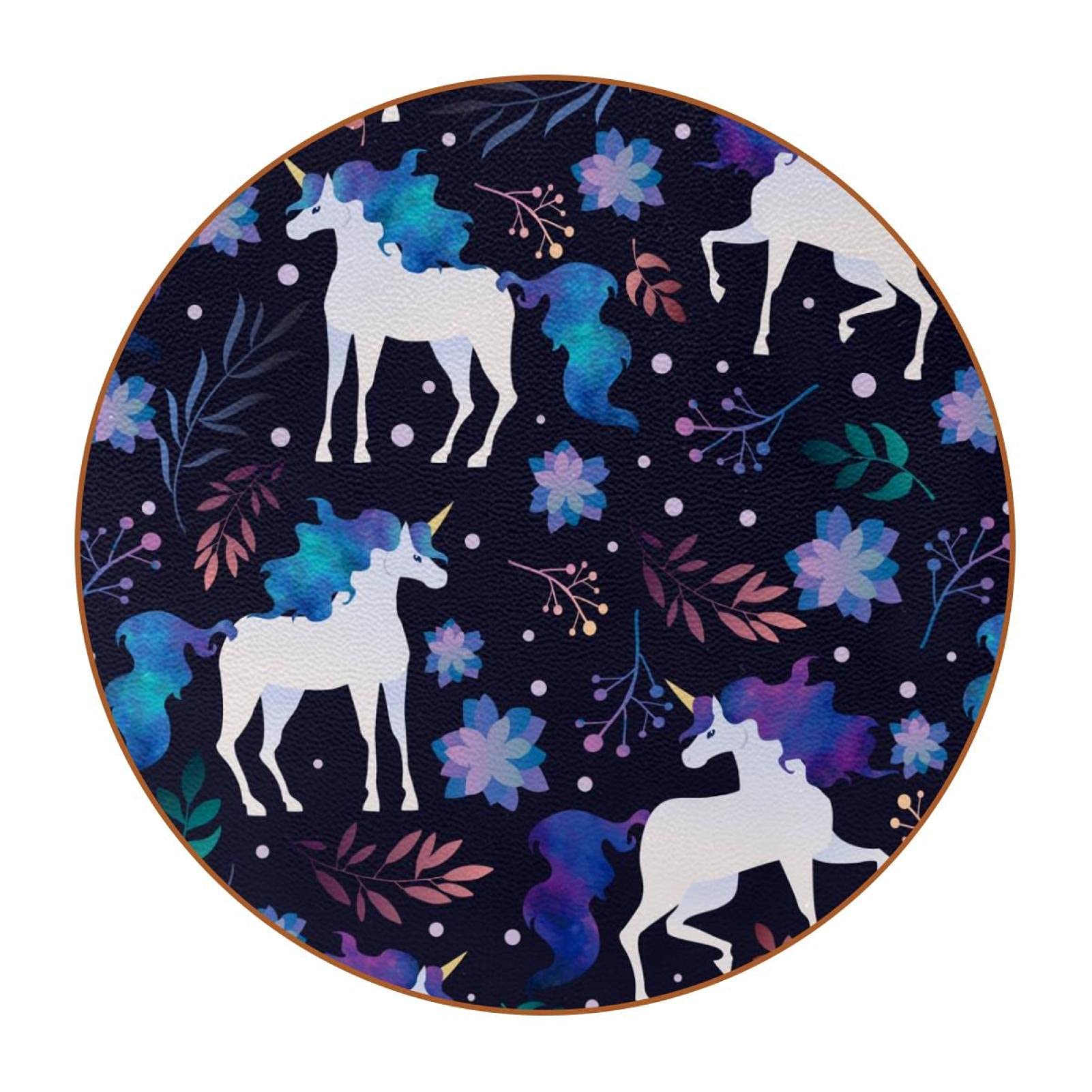 Premium Set of 6 Round Leather Coasters for Drinks - Watercolor Unicorn Floral Design, Blue & Purple - Perfect for Coffee Mugs, Wood Tables, and Home Decor - Great Gift for Birthday, Holiday, Housewarming & Dinner Parties